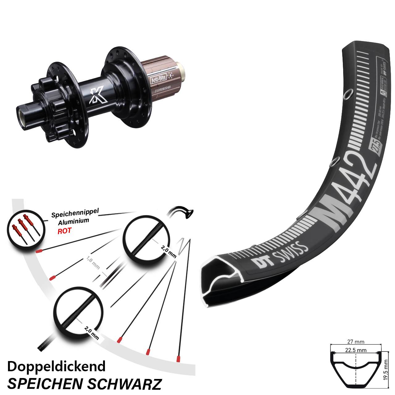 DT Swiss M 442 Disc-Hinterrad MTB 29 Zoll KX-M schwarz 12x142 mm 8-12 fach