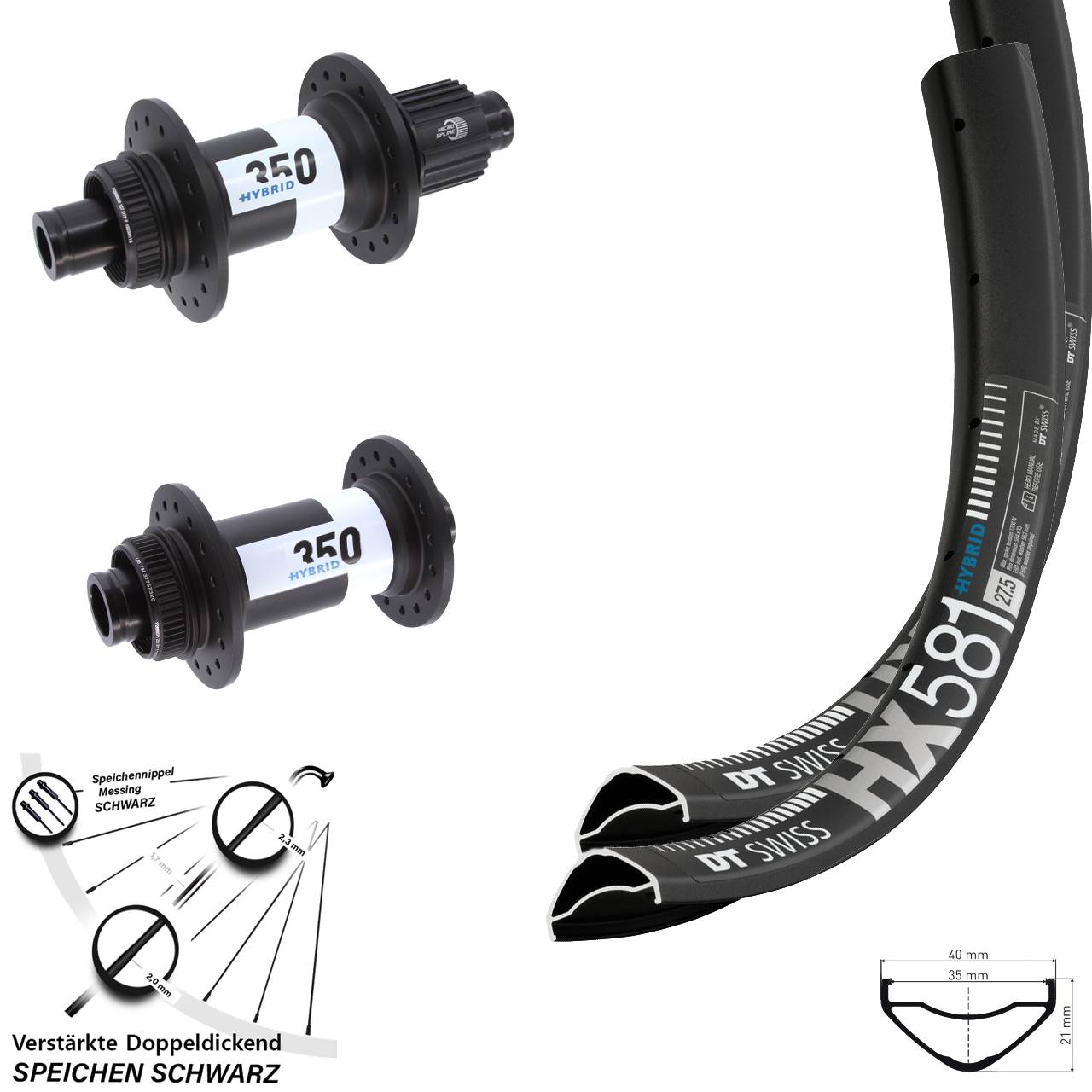 27,5 Zoll HX 581 DT Swiss 350 Hybrid Laufradsatz 15x110 12x148 Micro Spline
