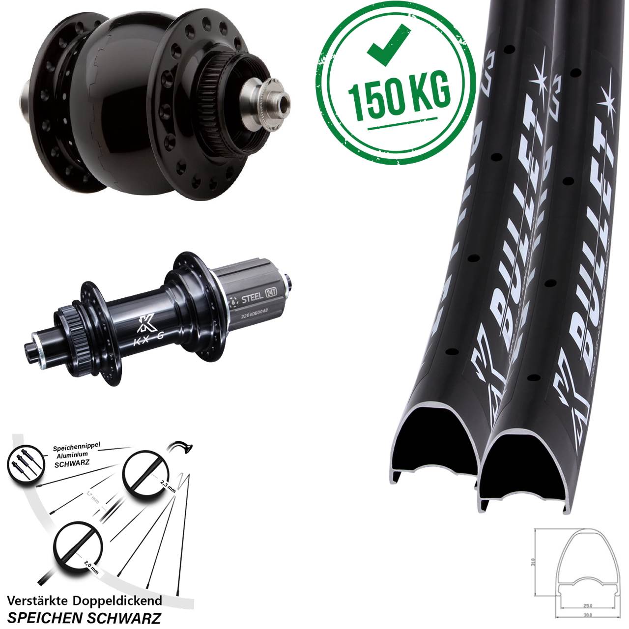 KX-GS Bullet Heavy Duty SON 28 28-29 Zoll Centerlock Laufradsatz QR 8-12 fach
