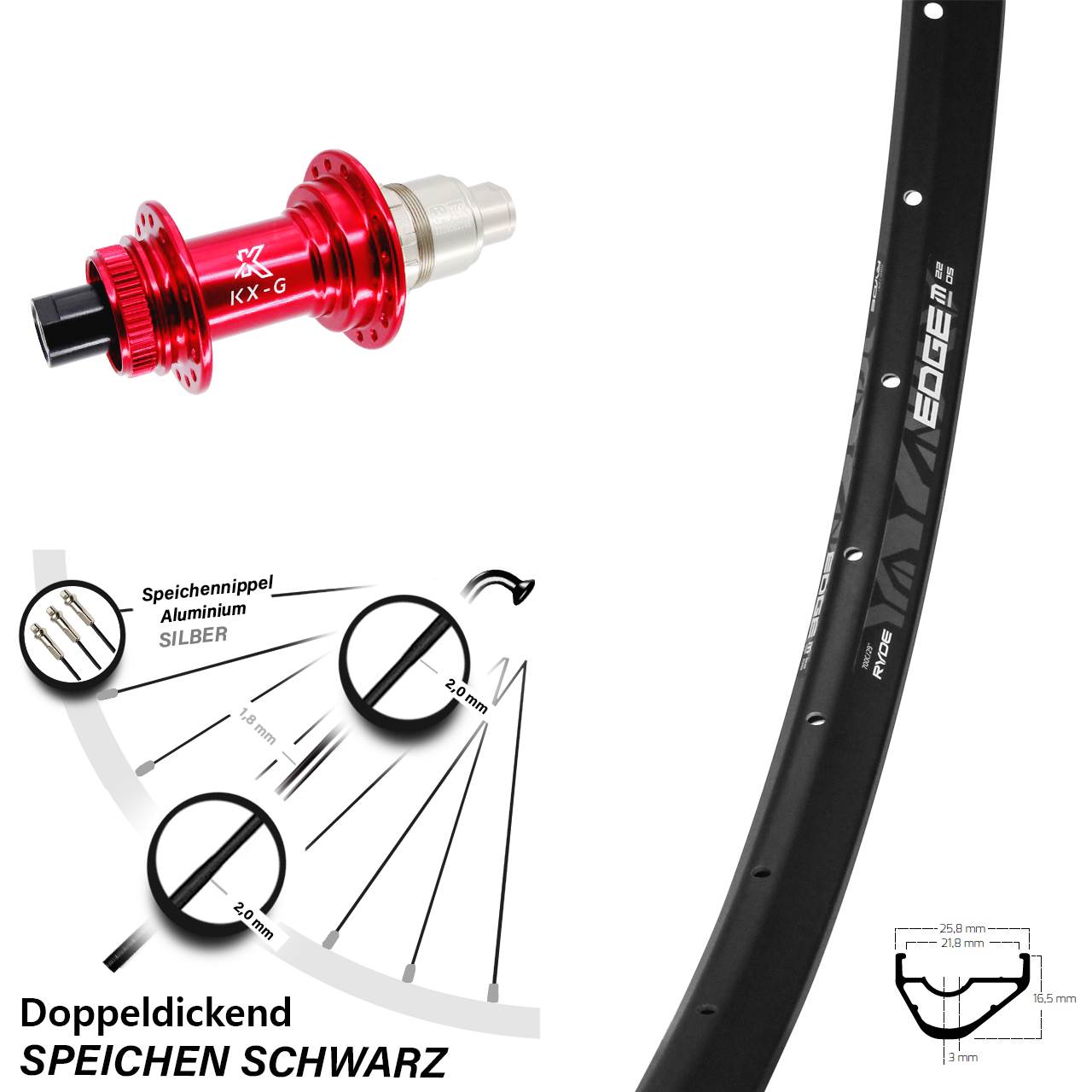 29 Zoll Ryde Edge M22 OS KX-G rot Disc Hinterrad 12x142
