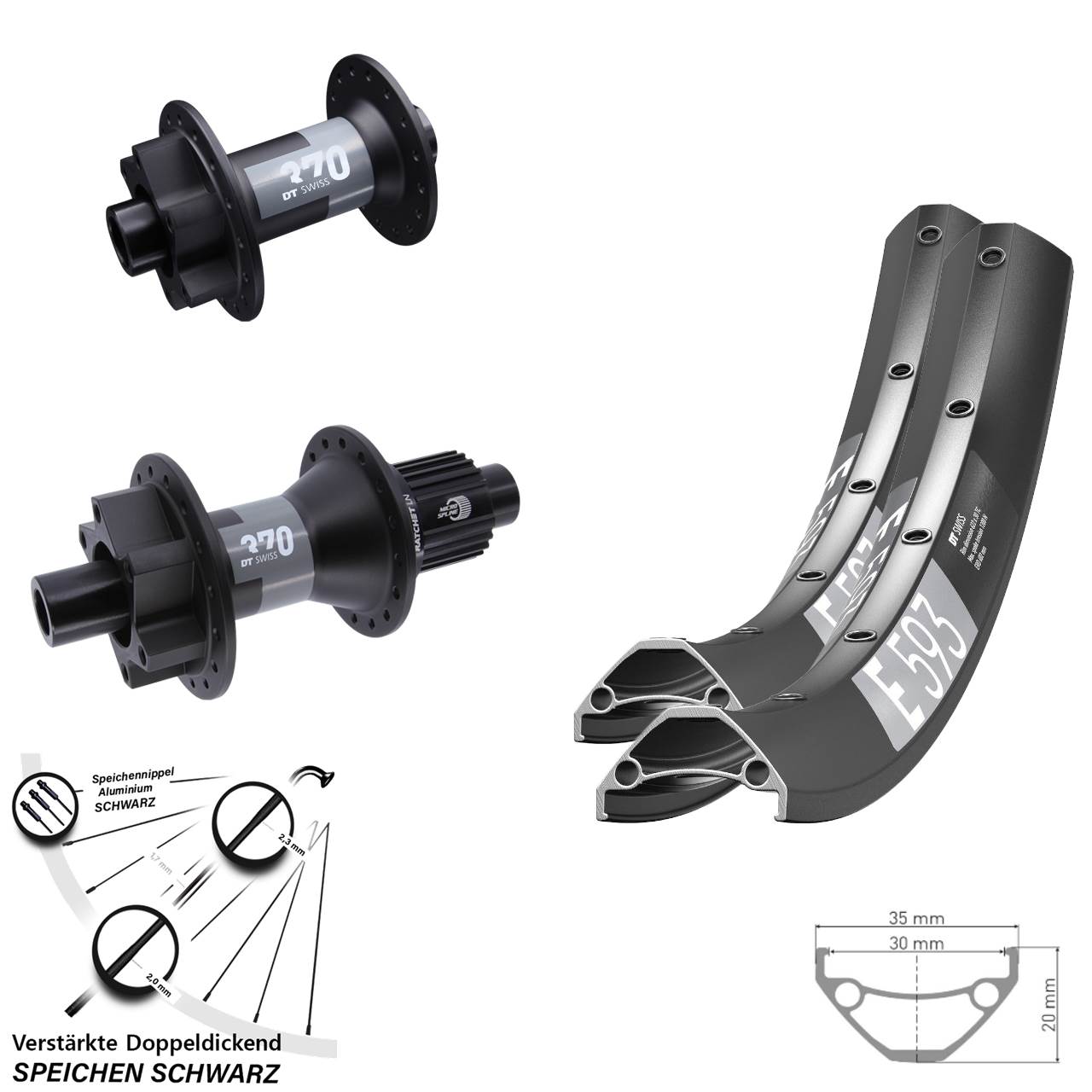DT Swiss E 593 DT Swiss 370 27,5 Zoll Disc Laufrad-Satz 15x100 12x142 Shimano Micro Spline