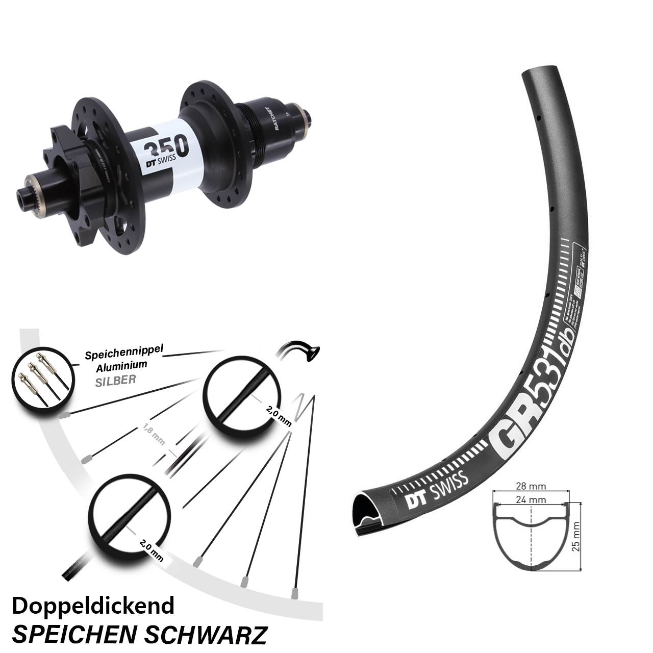 DT Swiss GR531-350 27,5 Zoll Disc Hinterrad für Schnellspanner XD