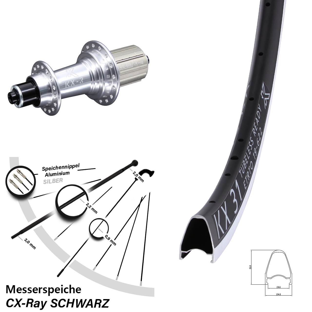 28 Zoll Hinterrad KX-R 31 silber 5x130 Messerspeiche CX-Ray Shimano 11-12 fach
