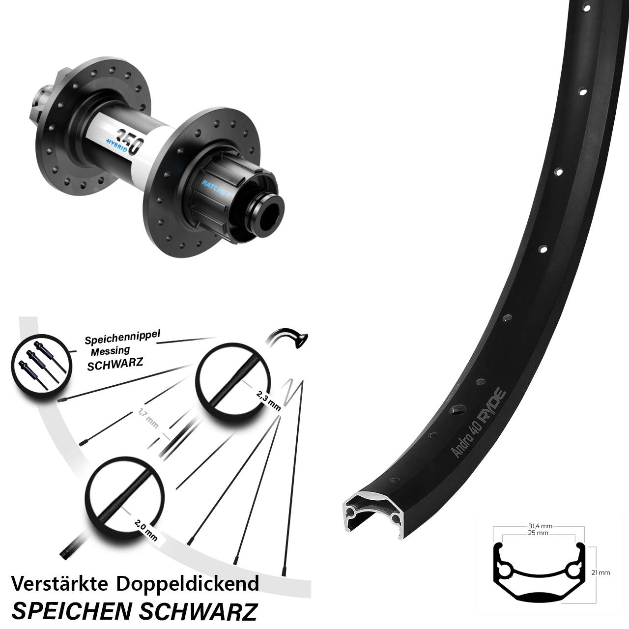 Hinterrad 20 Zoll Ryde Andra 40 DT Swiss 350 Hybrid Singlespeed 12x142 6-Loch