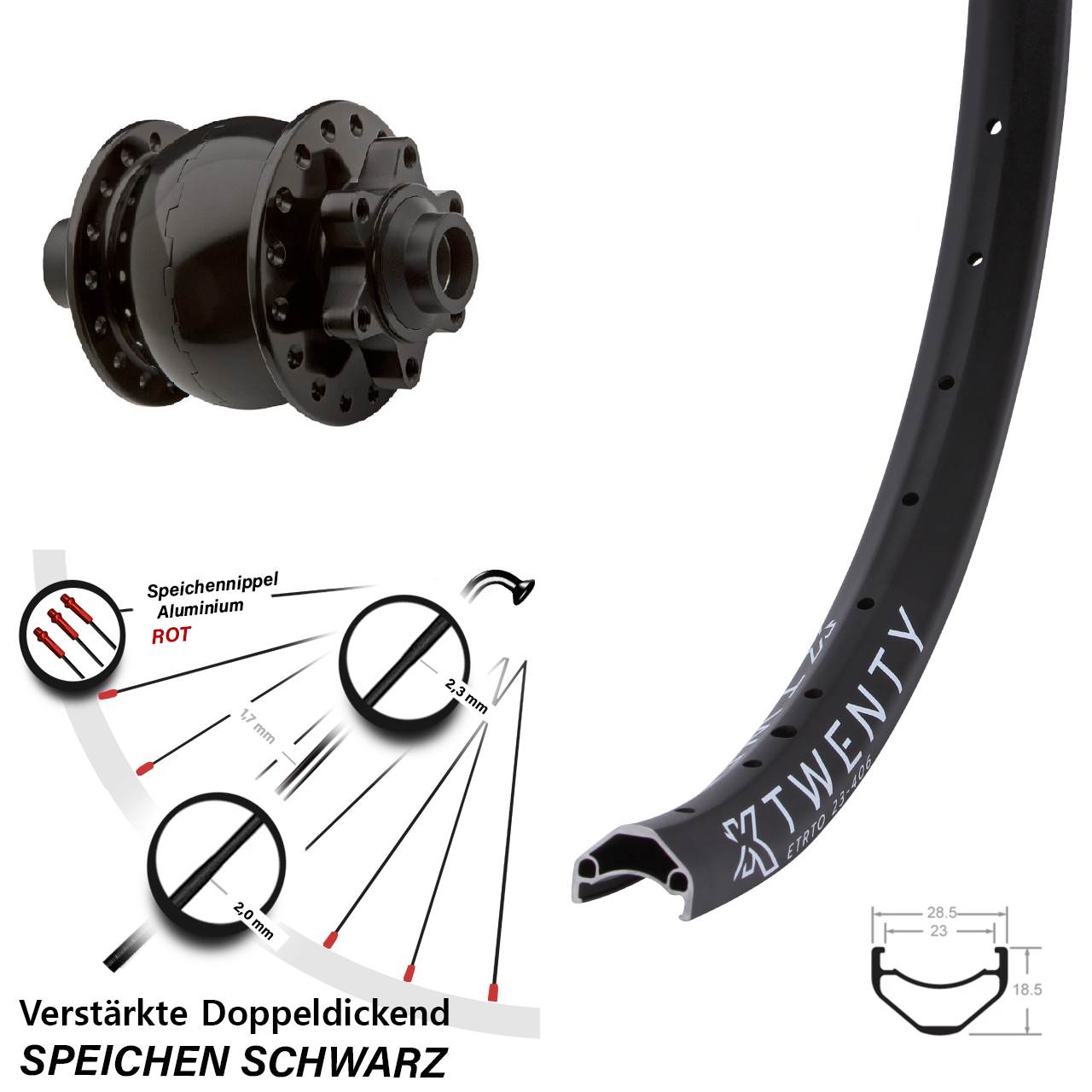 Nabendynamolaufrad SON 28-15x100 mm Steckachse KX Twenty 20 Zoll 6-Loch