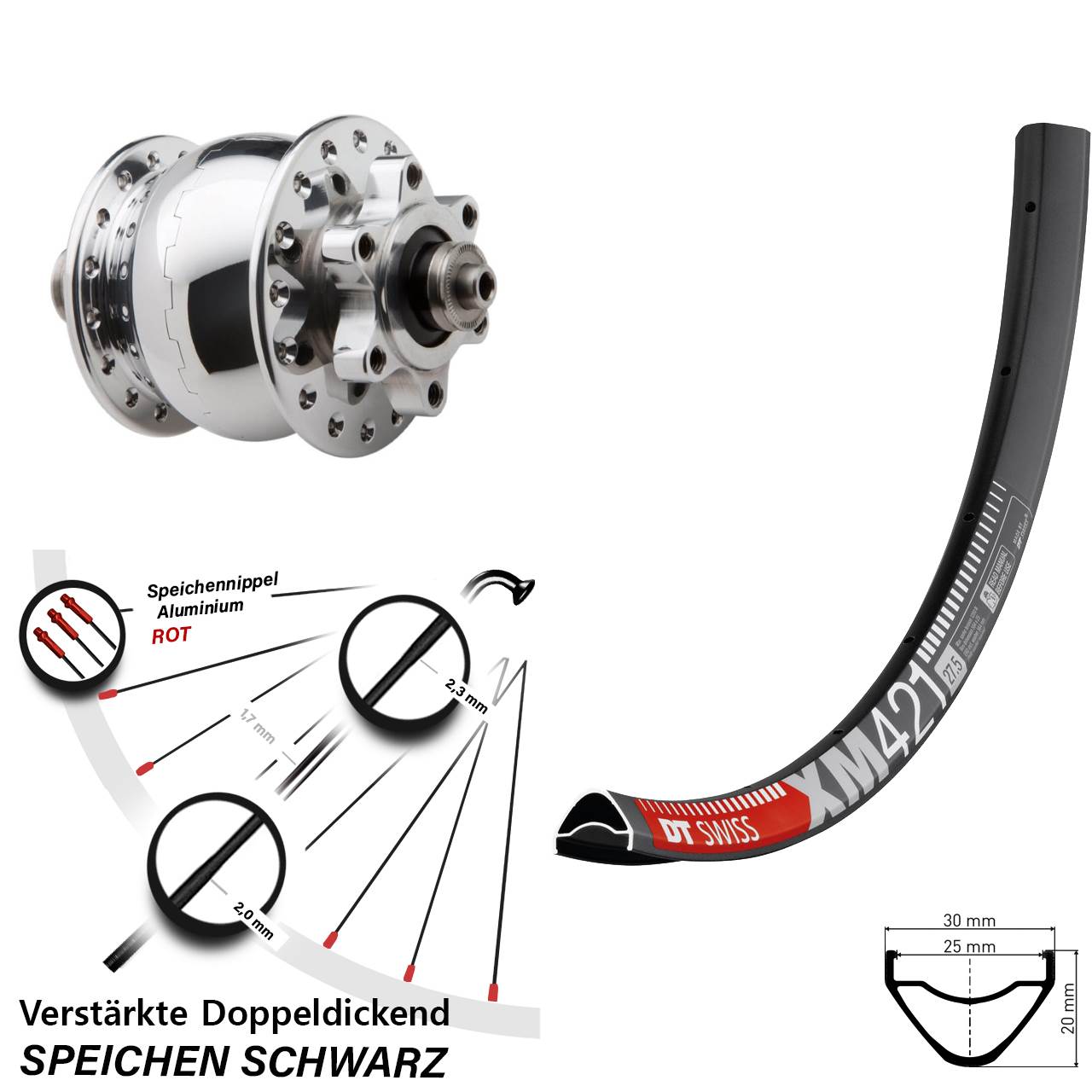 Disc Nabendynamolaufrad QR 27,5 Zoll DT Swiss XM421 SON 28 poliert