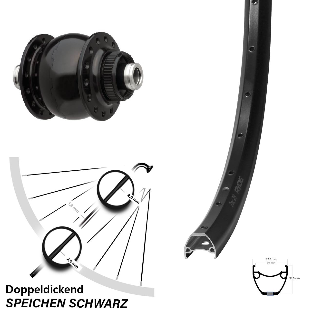 SONdelux Ryde ZAC 25 28 Zoll Disc Laufrad mit Nabendynamo 12x100