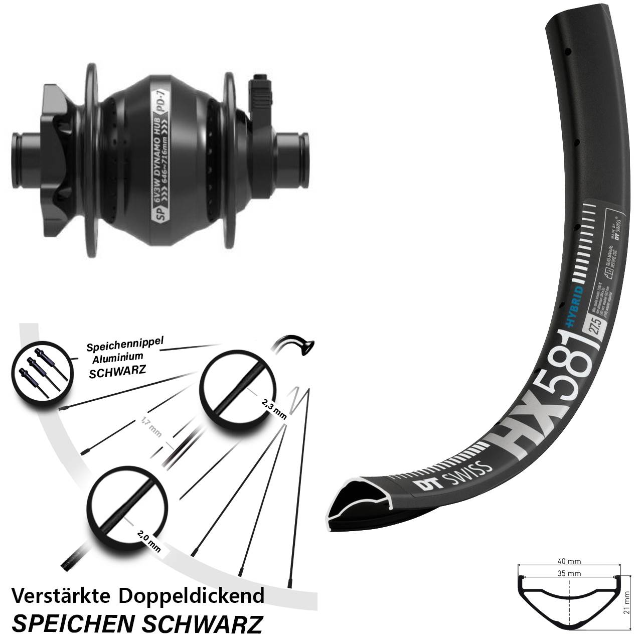 6-Loch Dynamo-Vorderrad 27,5 Zoll DT Swiss HX 581 Shutter PD-7 12x100