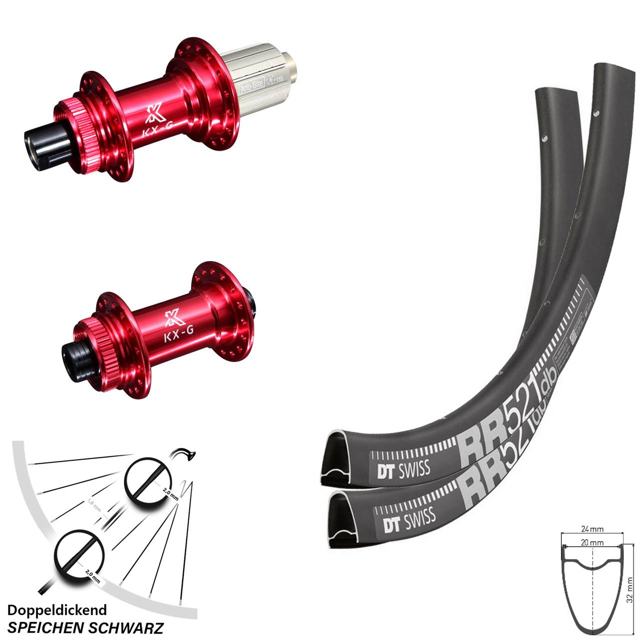 Disc Laufrad-Satz 28 Zoll DT Swiss RR 521 KX-G rot 8-12 fach 12x100/142