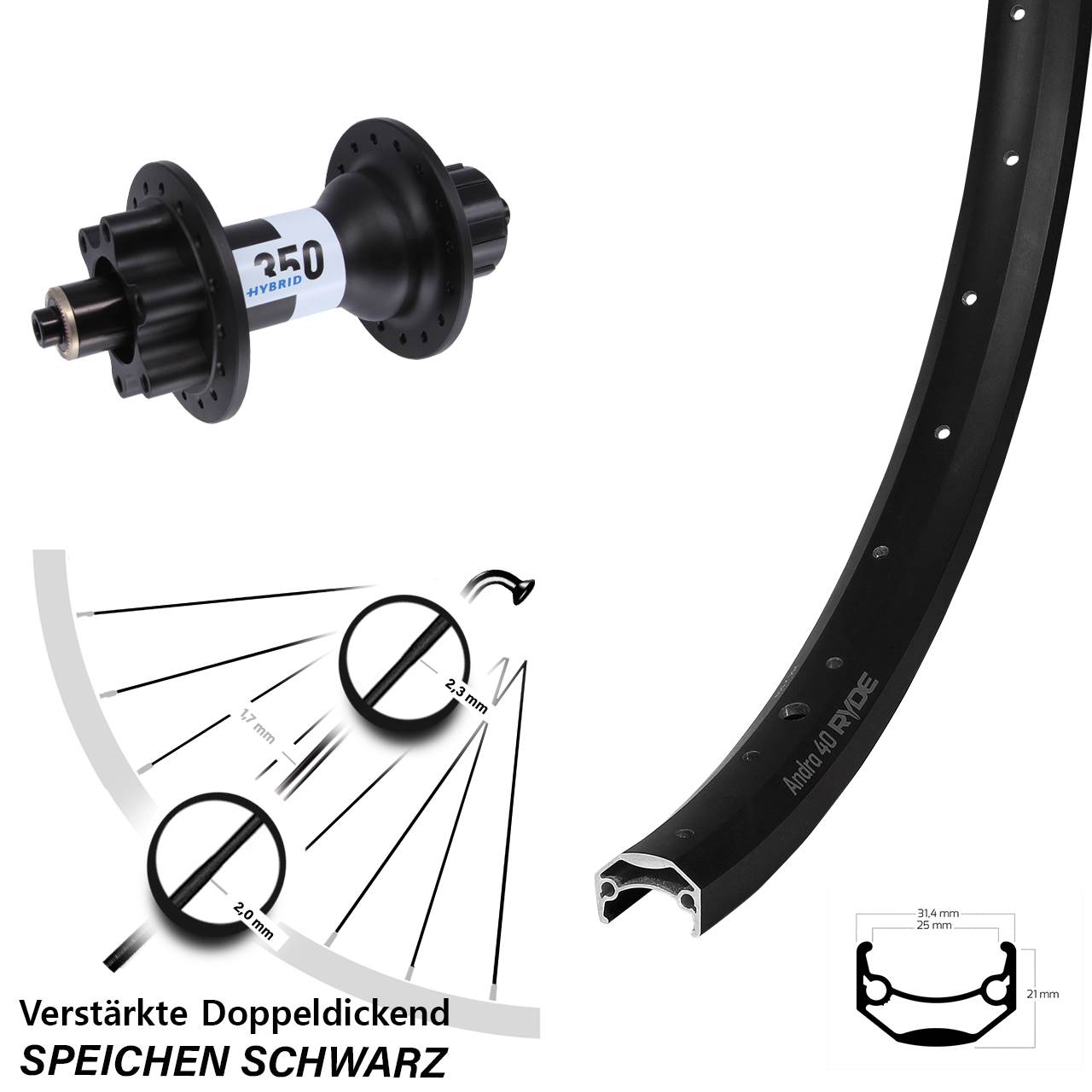 Hinterrad 20 Zoll Ryde Andra 40 DT Swiss 350 Hybrid Singlespeed 5x135 6-Loch