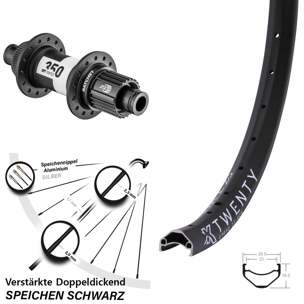 Disc Laufrad 20 Zoll KX Twenty DT Swiss 350 Ratchet 36 Shimano Micro Spline 12x142