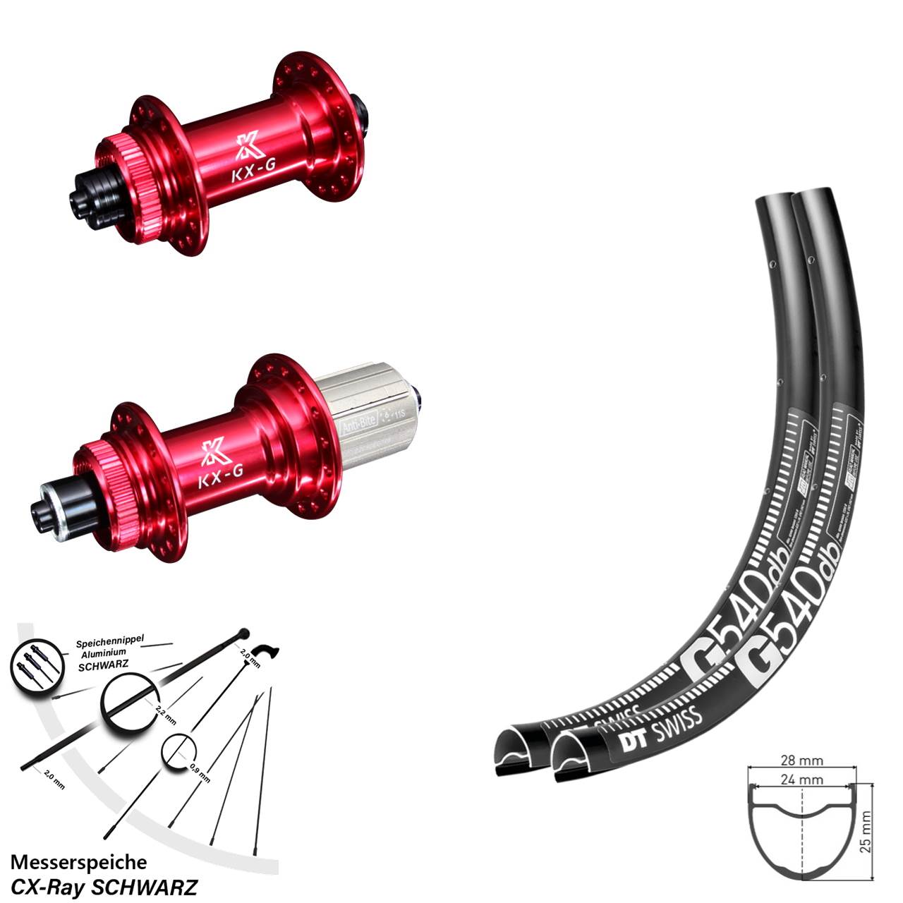 28 Zoll DT Swiss G540 KX-G rot Centerlock Laufradsatz QR 8-12 fach CX-Ray