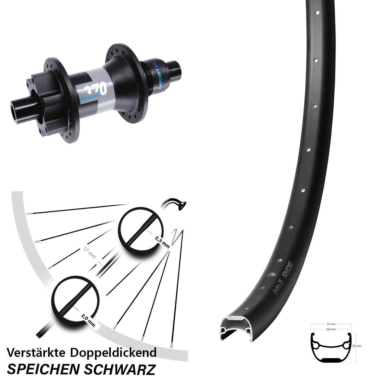 Disc Hinterrad 28-29 Zoll Ryde Andra 25 DT Swiss Hybrid 370 XD 11-12 fach 12x148