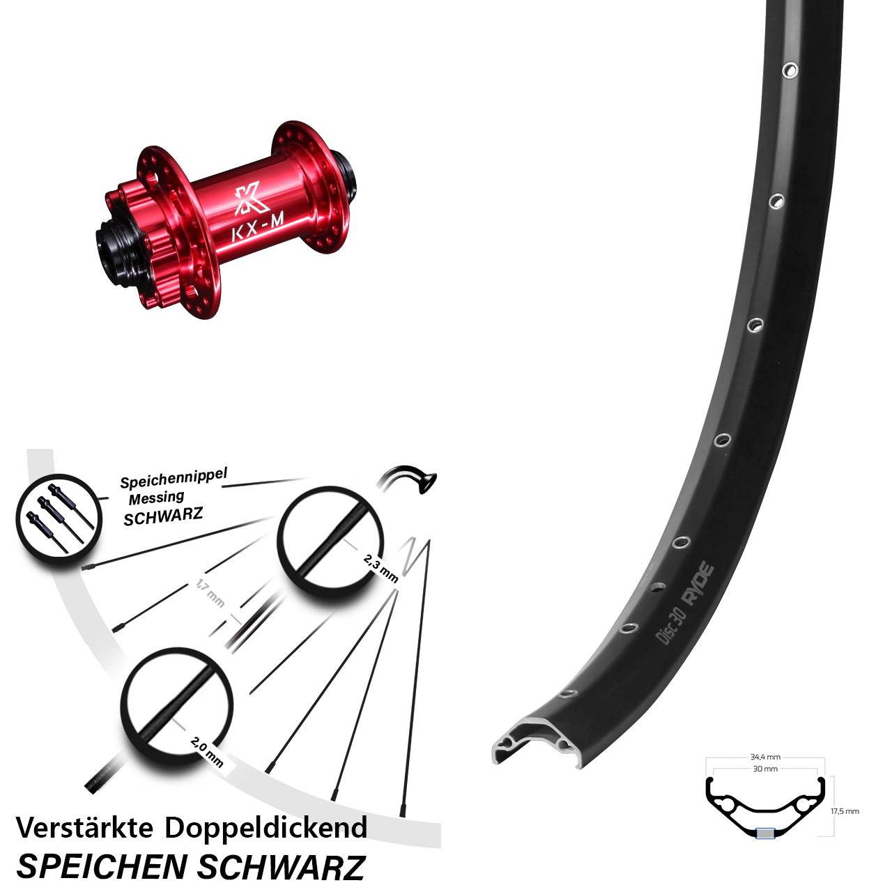 Vorderrad 6-Loch 15x100 29 Zoll Ryde Disc 30 KX-M rot