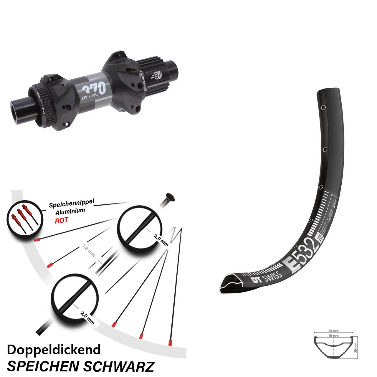 Centerlock Hinterrad 12x148 29 Zoll DT Swiss 370 Straightpull Micro Spline