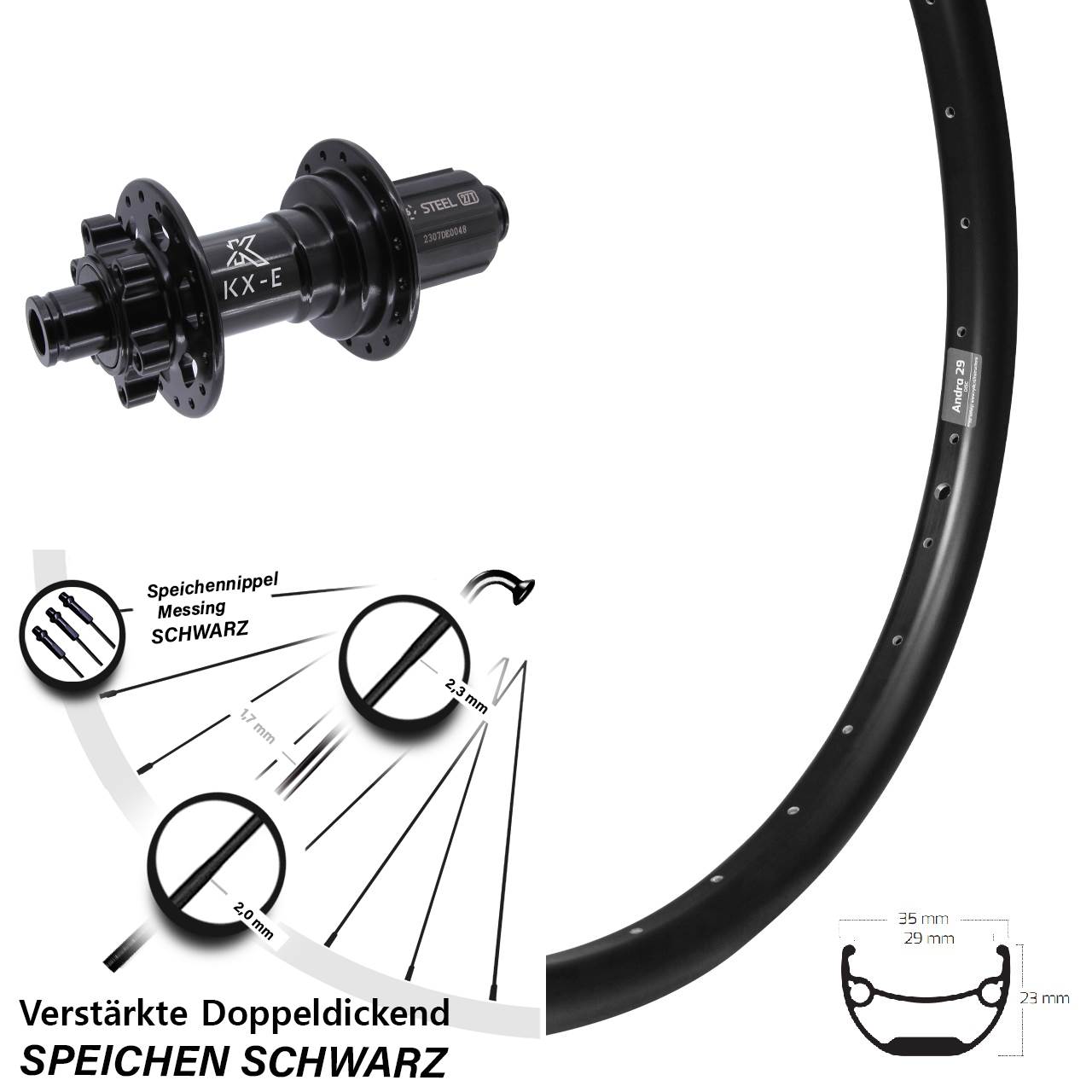 Hinterrad 20 Zoll Ryde Andra 29 Disc schwarz 8-12 fach KX-E 6-Loch 12x148
