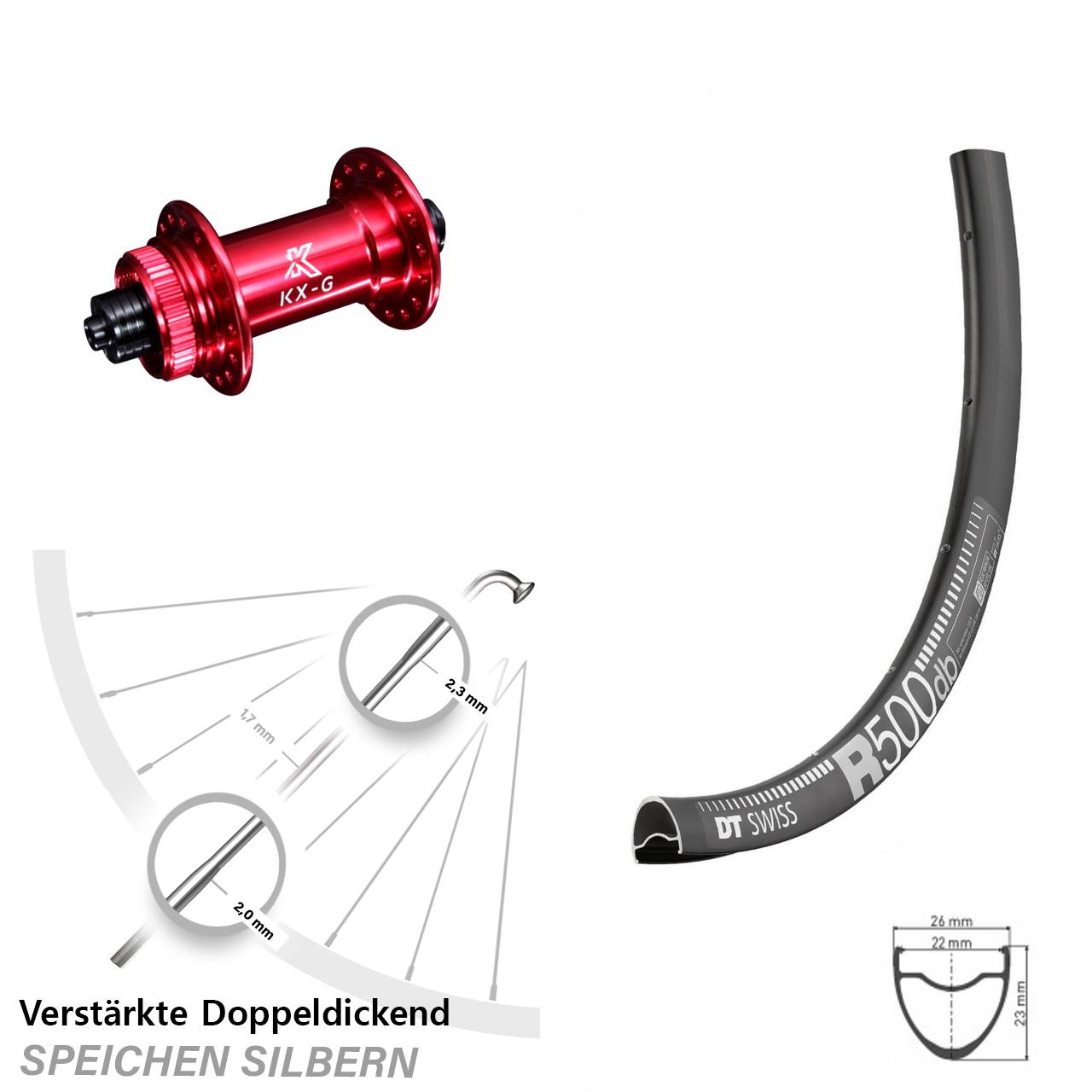Road Disc DT Swiss R 500 Vorderrad 28 Zoll verstärkt KX-G Nabe rot-eloxiert 5x100 mm