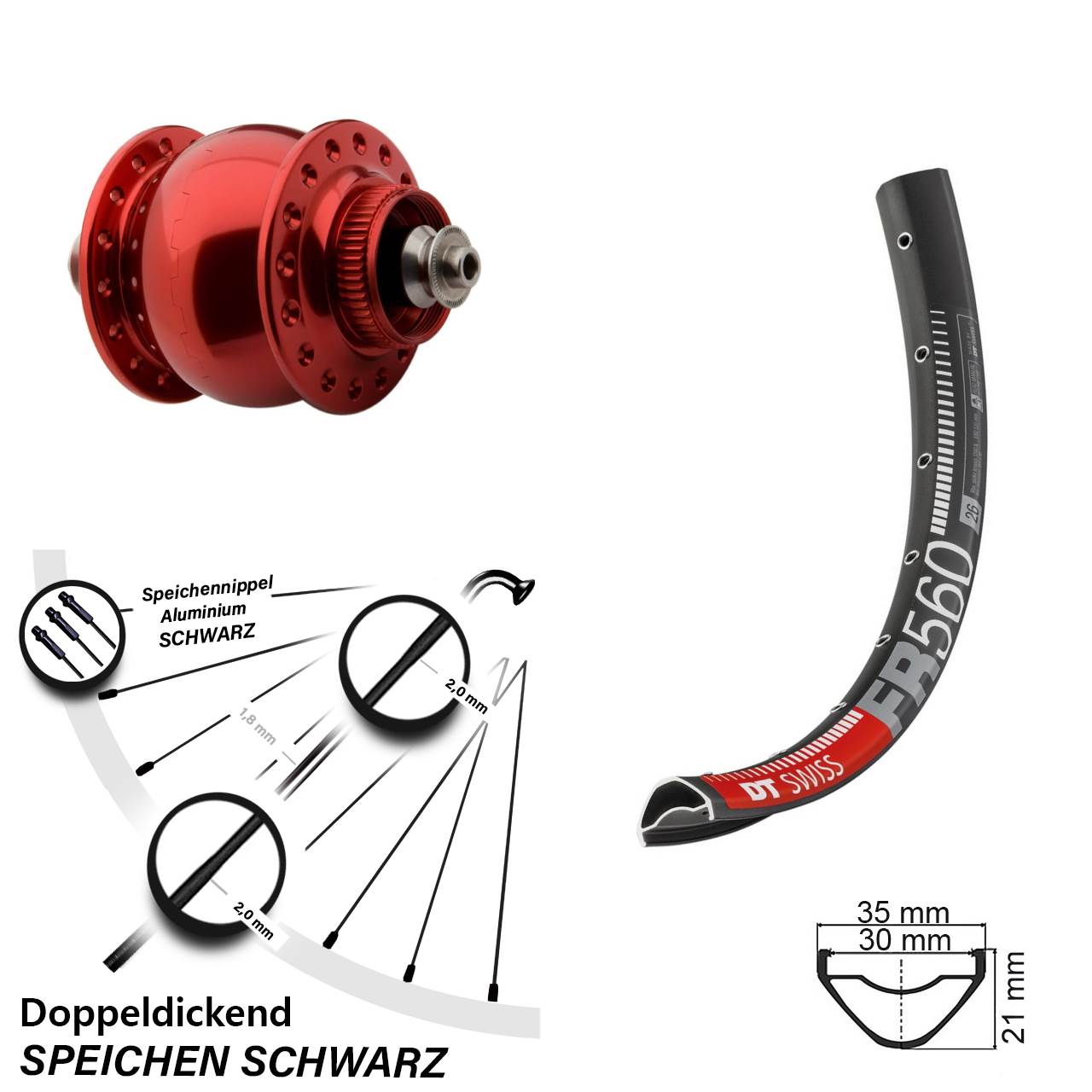 26 Zoll DT Swiss FR560 SONdelux rot Disc Nabendynamovorderrad QR