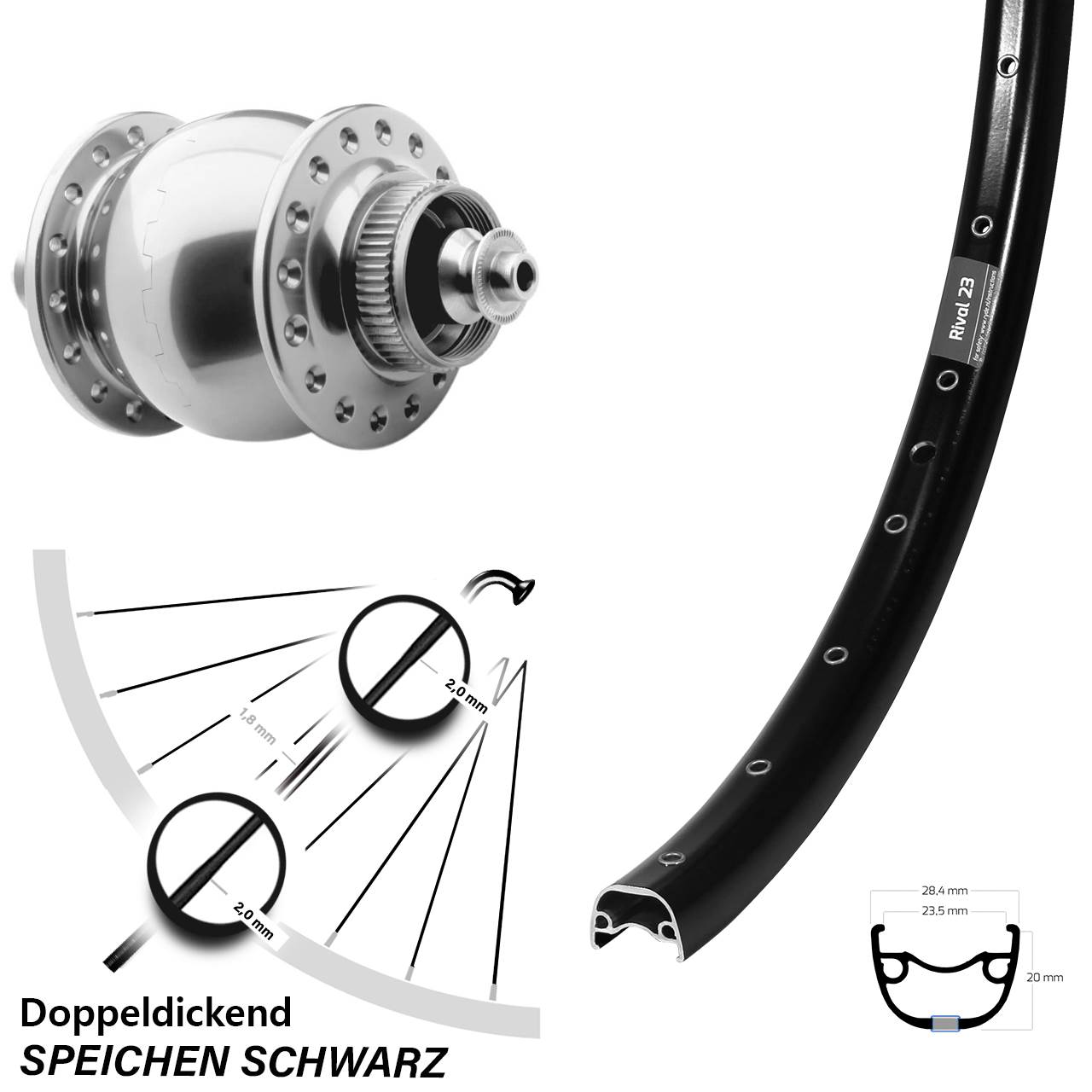 27,5 Zoll Ryde Rival 23 SON 28 Centerlock Vorderrad mit Nabendynamo QR