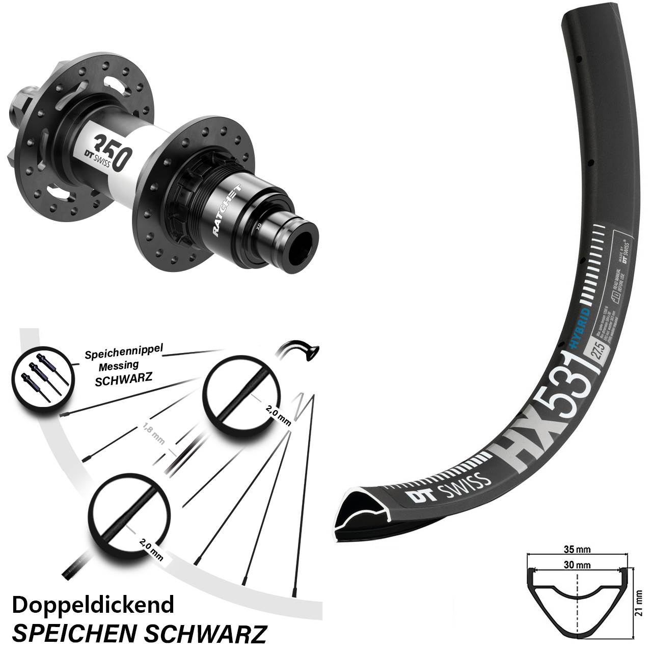 Hinterrad 29 Zoll DT Swiss HX 531-350 6-Loch Sram XD Boost