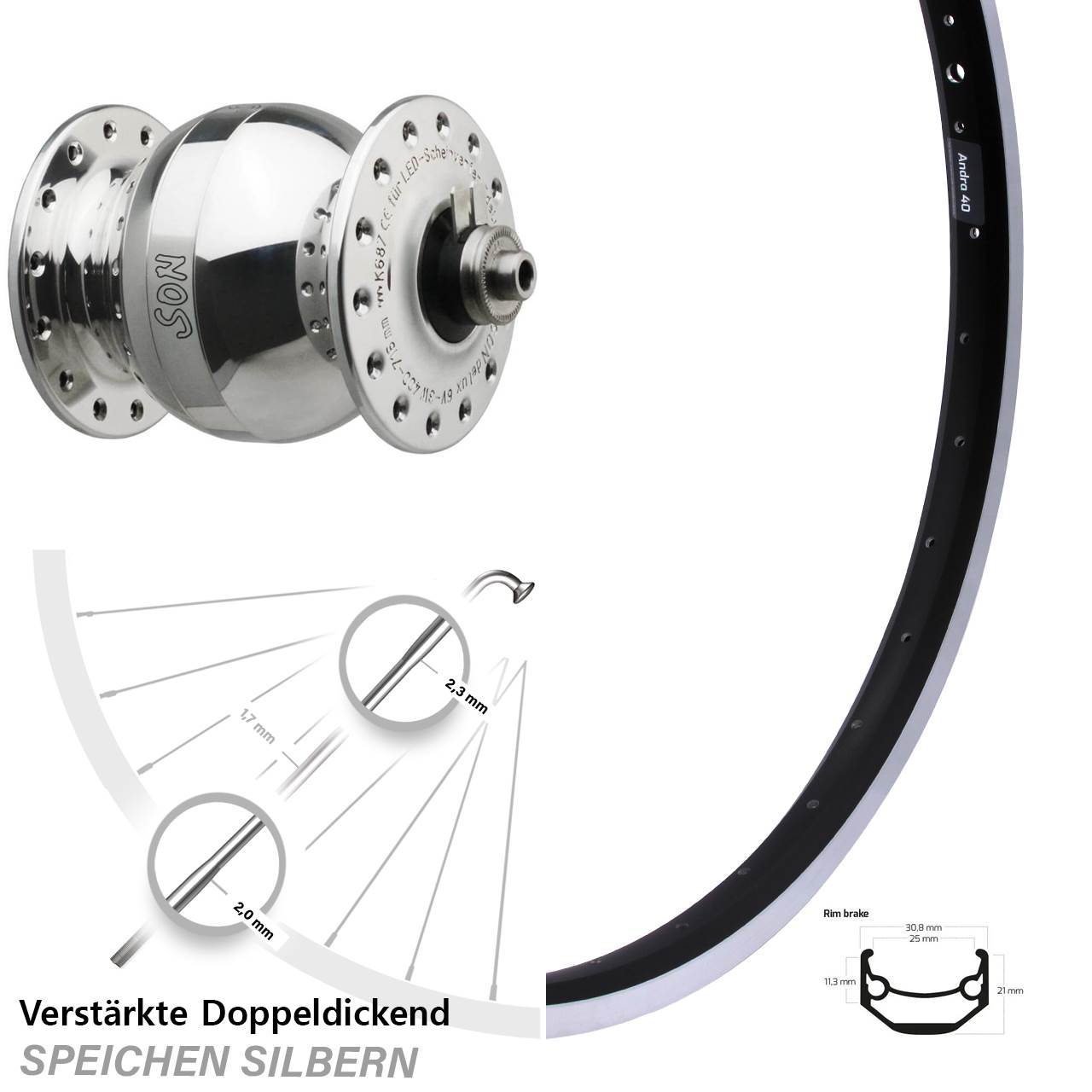 Vorderes Rad mit Nabendynamo SON delux Wide Body Ryde Andra 40 28 Zoll