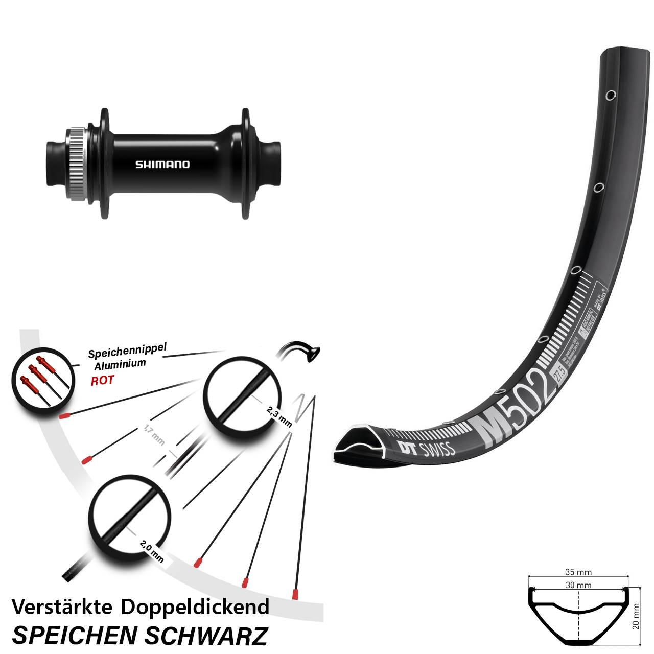 Centerlock Vorderrad 27,5 Zoll DT Swiss M 502 Shimano HB-TC500 15x100