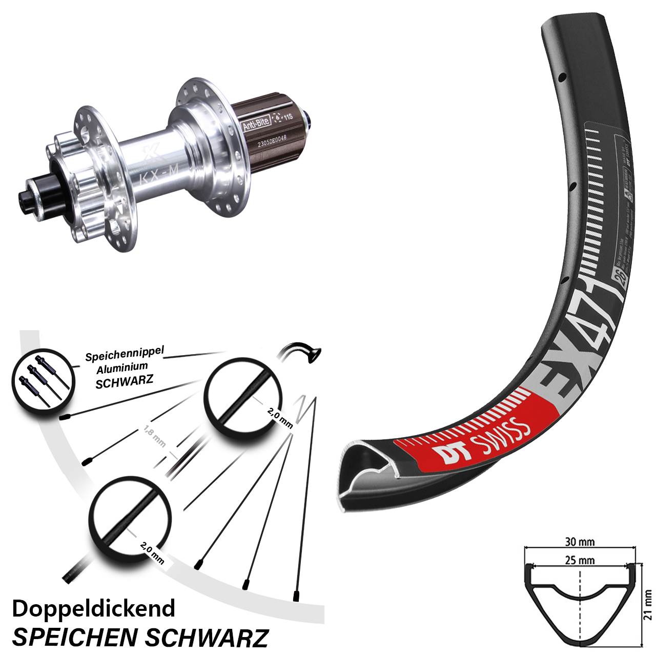 DT Swiss EX471 KX-M 26 Zoll 6-Loch Hinterrad QR 8-12 fach