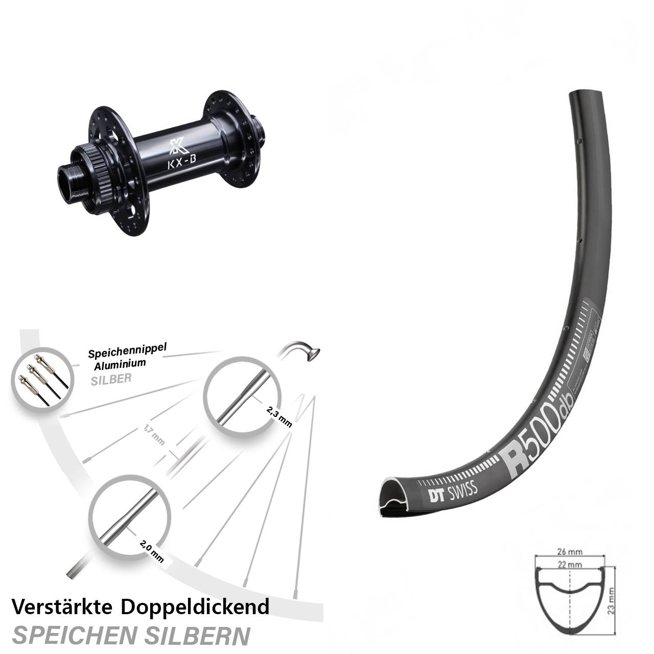 KX-B Boost 12x110 mm DT Swiss R 500 Vorderrad 28 Zoll verstärkt Road Disc