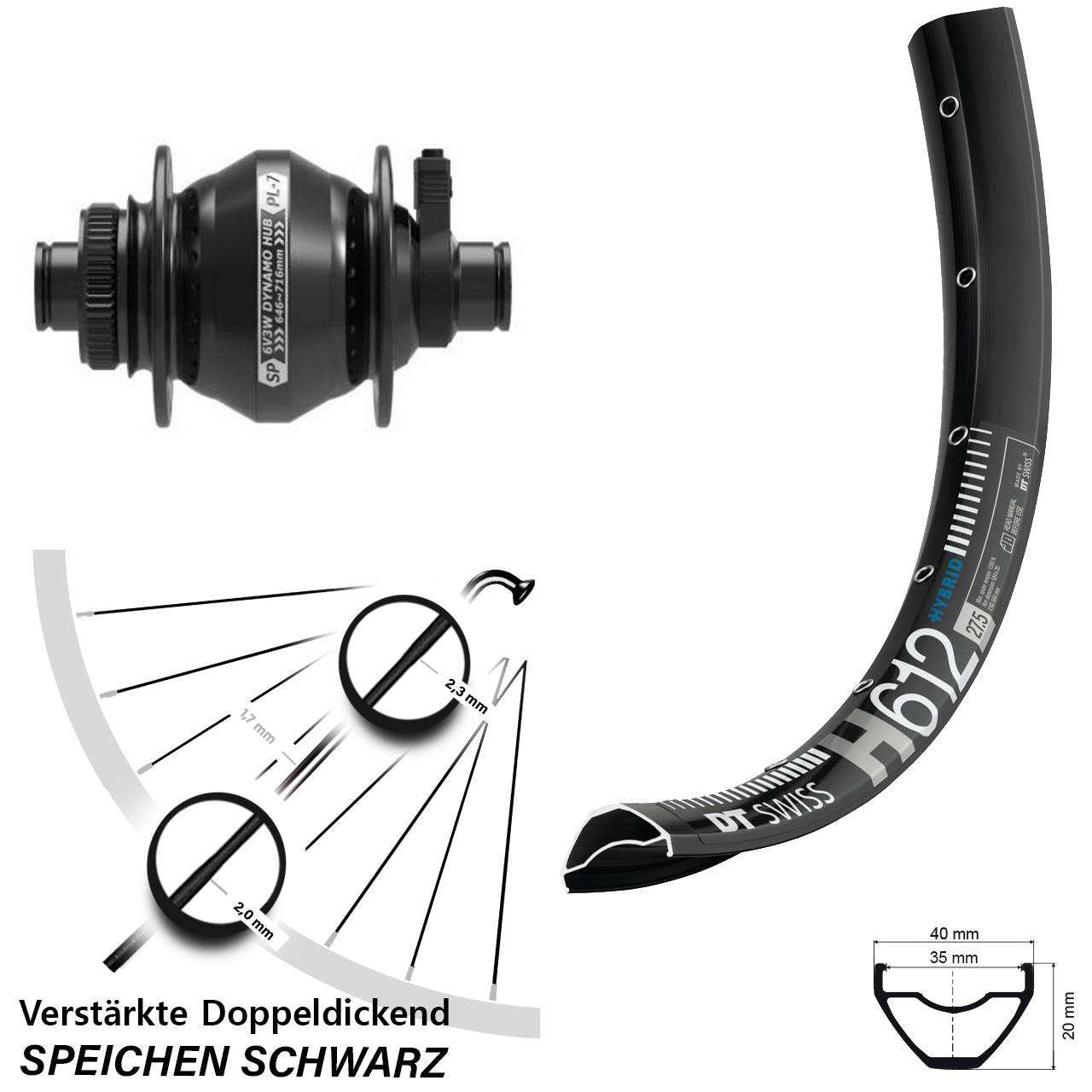 DT Swiss H612 Shutter Precision PL-7 27,5 Zoll Nabendynamovorderrad Centerlock 12x100