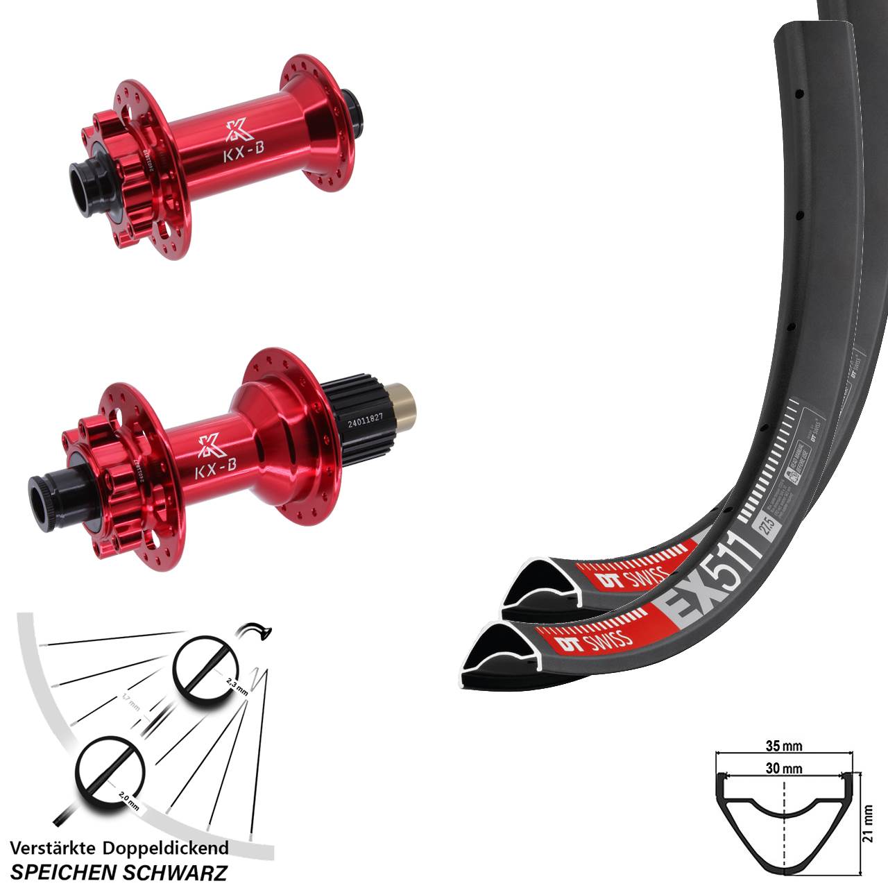 DT Swiss EX511 KX-B rot 29 Zoll Disc Laufradsatz 15x110 12x148 Shimano Micro Spline