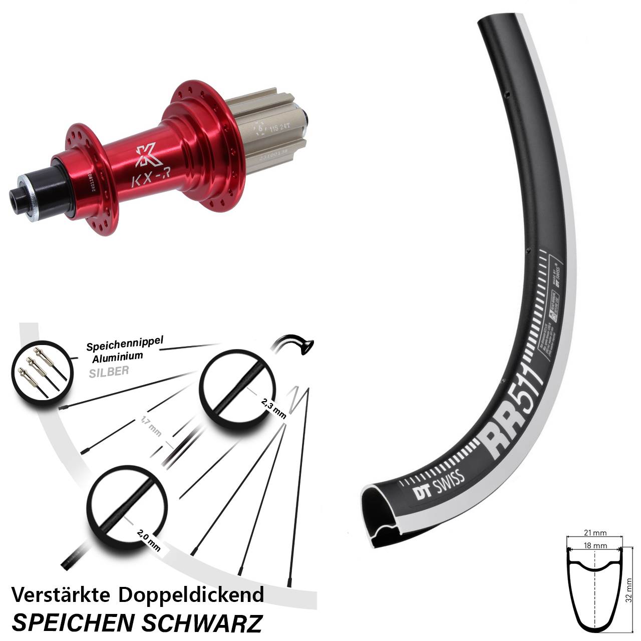 Hinterrad 28 Zoll DT Swiss RR511 CNC KX-R rot 8-12 fach Campa für Schnellspanner