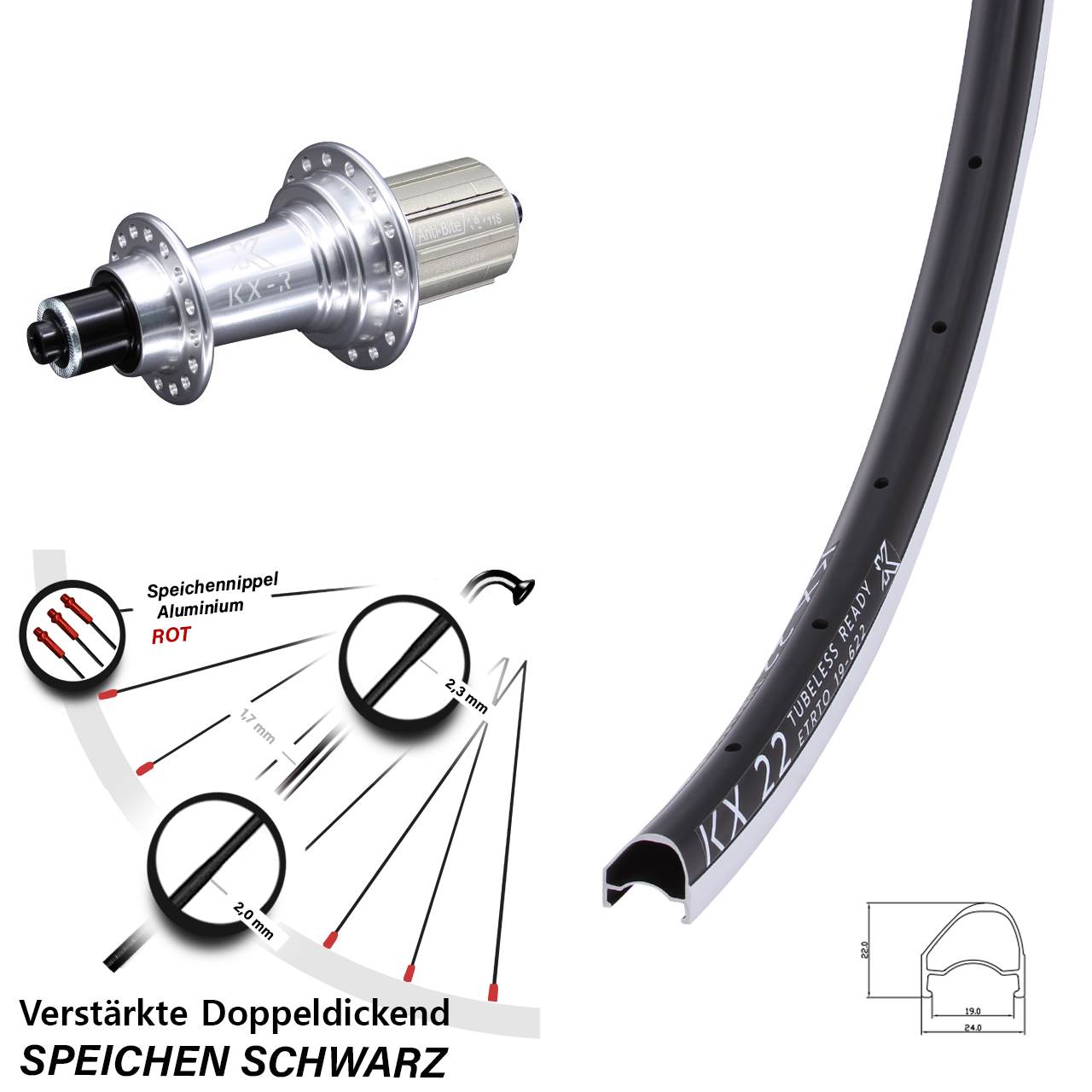 Hinterrad QR 28 Zoll KX-R 22 OS 8-12 fach HG