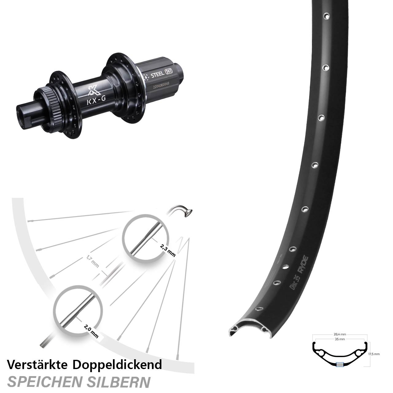 29 Zoll Ryde Disc 35 KX-GS Stahl Freilauf Centerlock Hinterrad 12x142 8-12 fach HG