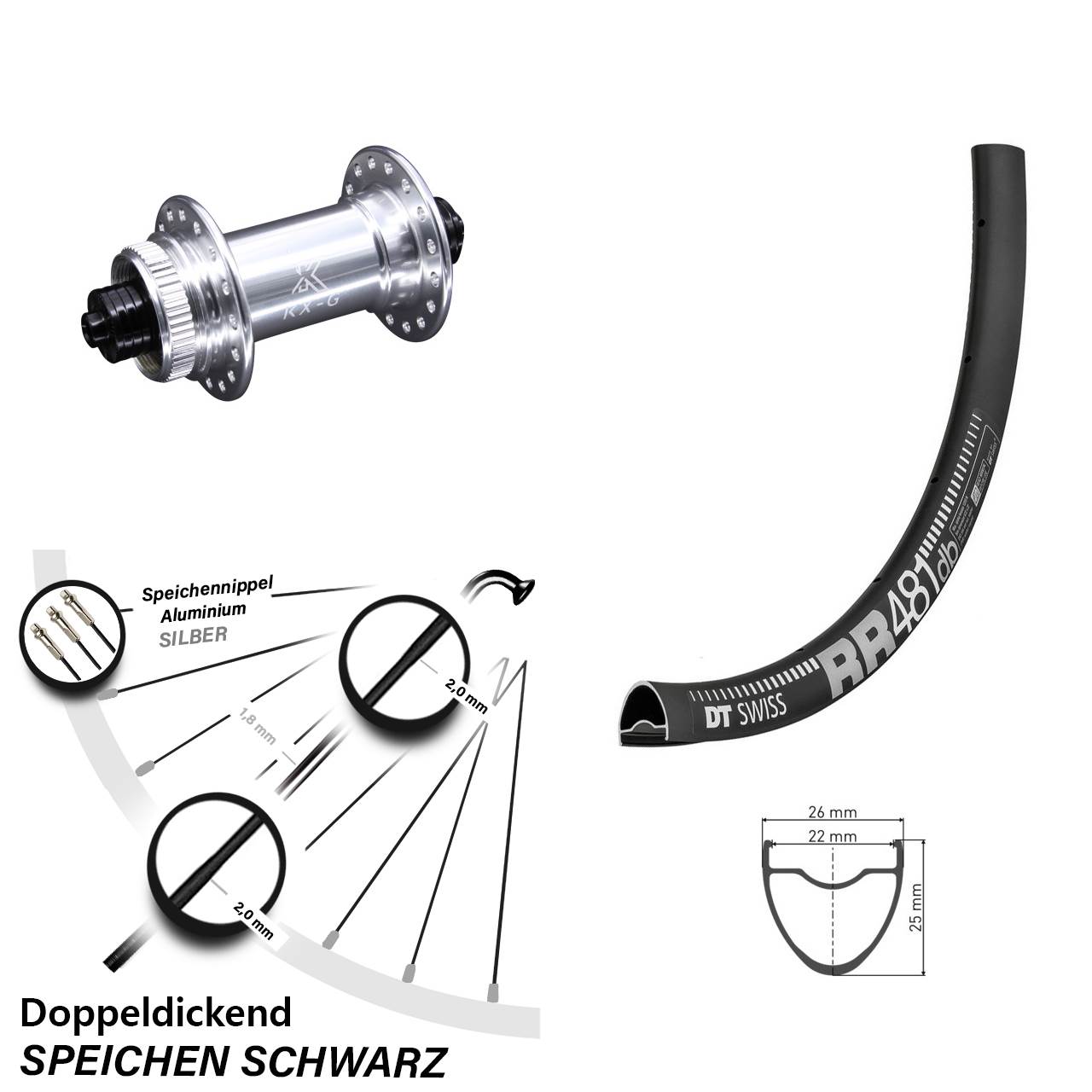 28 Zoll Vorderrad DT Swiss RR 481 KX-G silbern Schnellspanner 5x100 mm