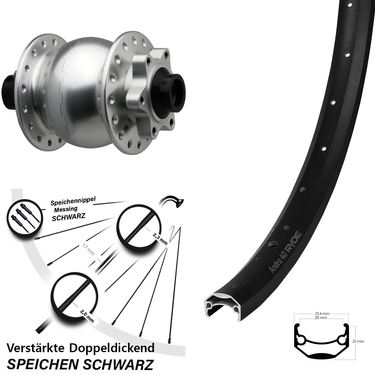 6-Loch Dynamo-Vorderrad 27,5 Zoll Ryde Andra 40 SON 28 15x110 Boost