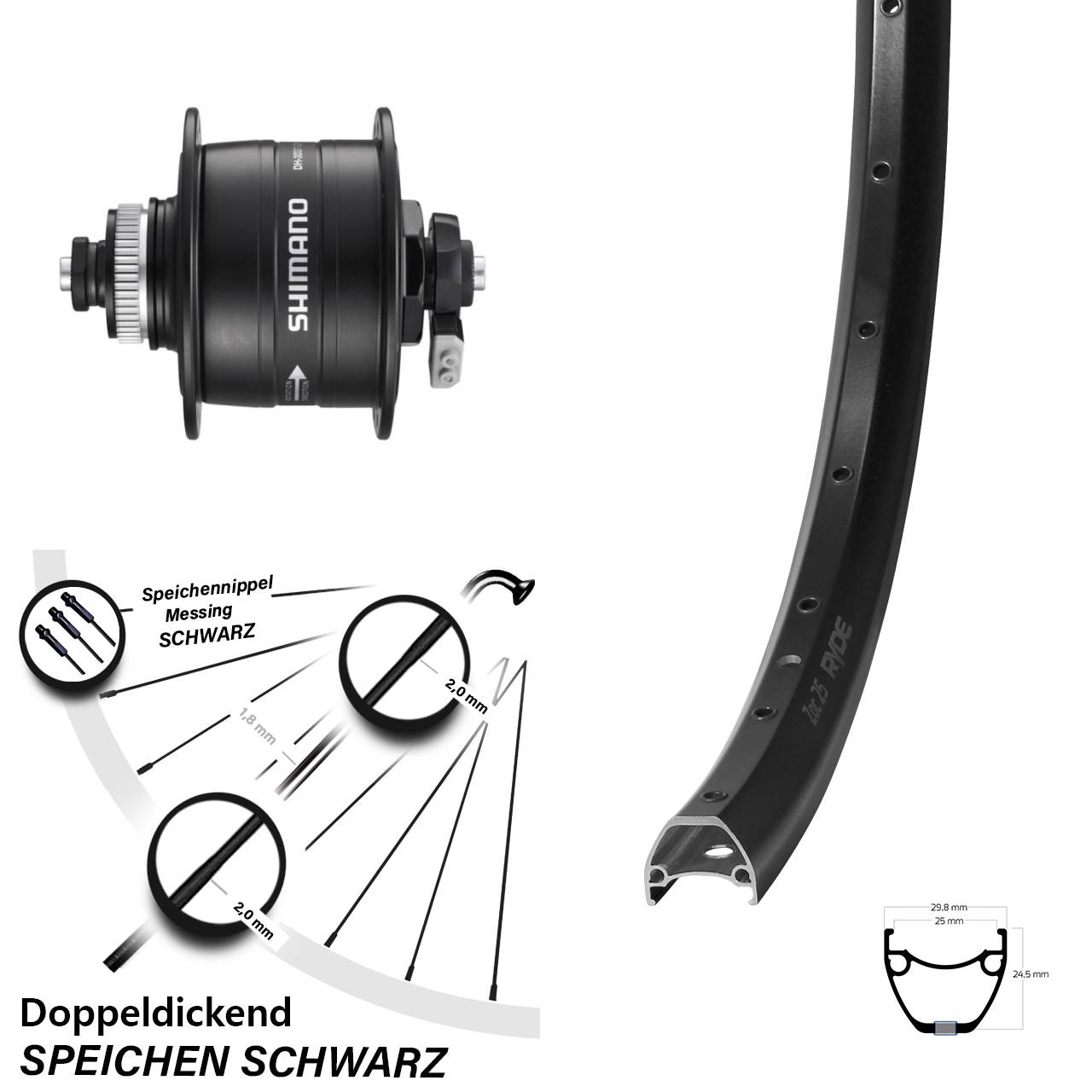 Disc Nabendynamovorderrad 29 Zoll Ryde ZAC 25 Shimano DH-3D37 für Schnellspanner