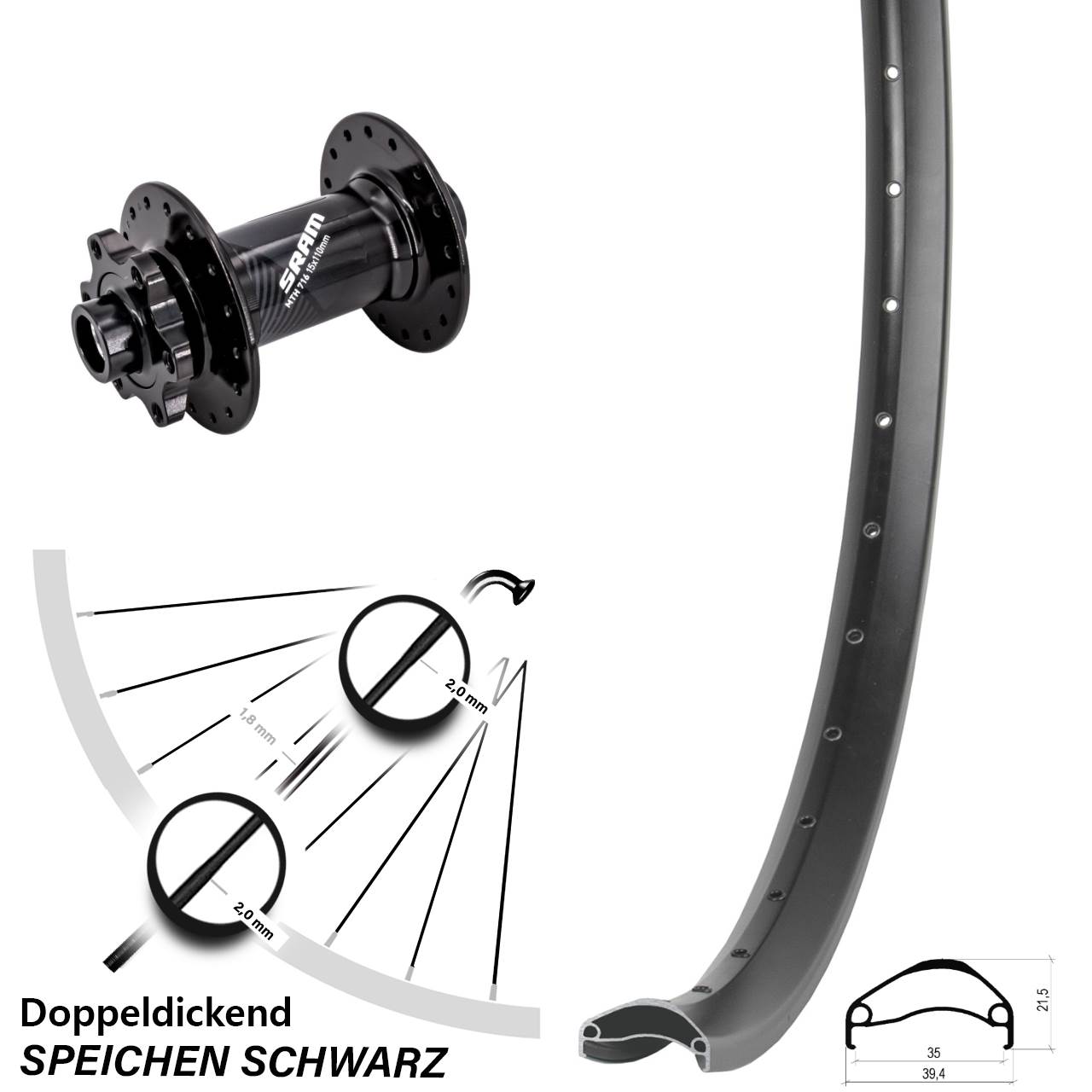 27,5 Zoll 6-Loch Vorderrad Ambrosio E35 Sram 716 15x110 Boost