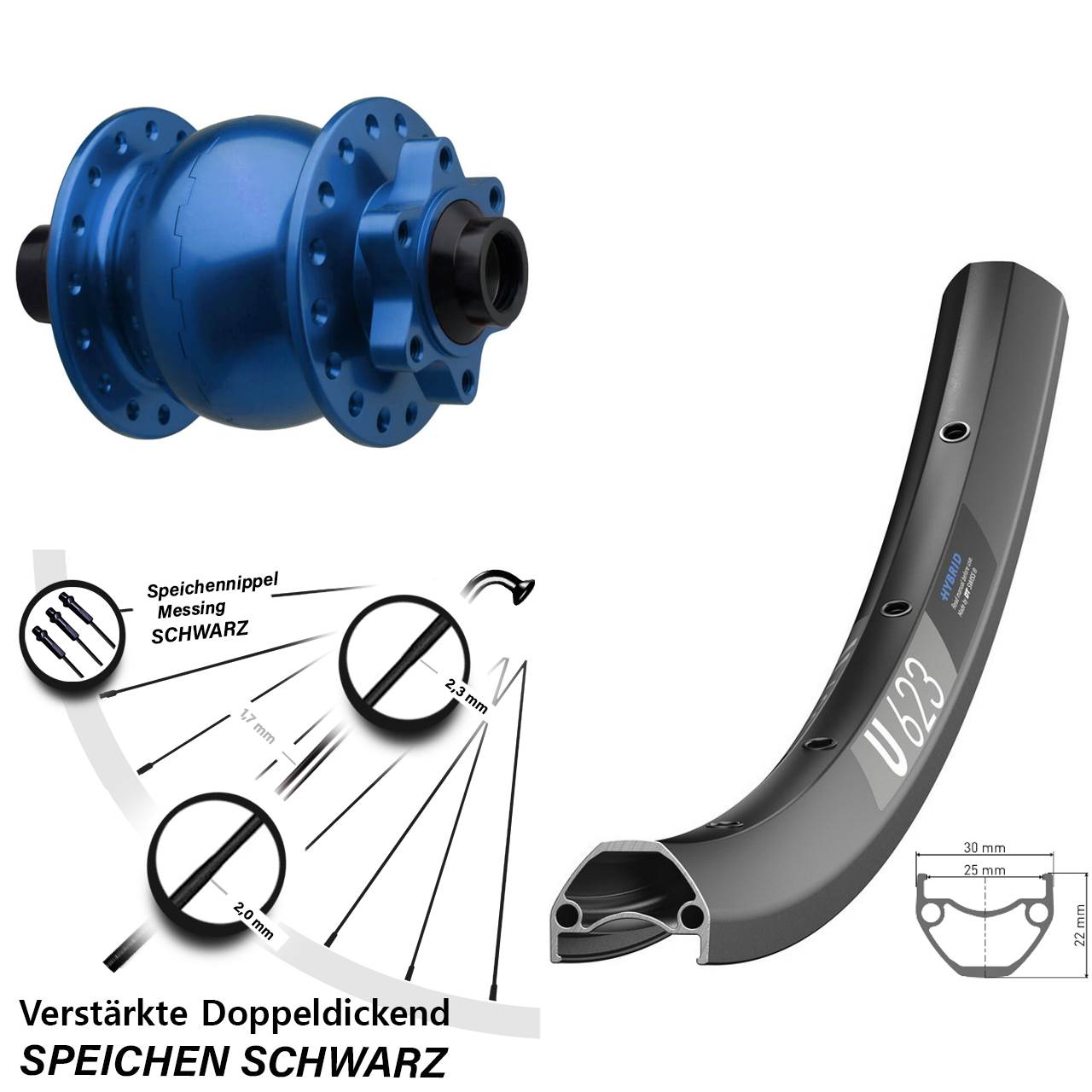 SON 28 blau DT Swiss U623 29 Zoll Vorderrad mit Nabendynamo 6-Loch 15x110 Boost