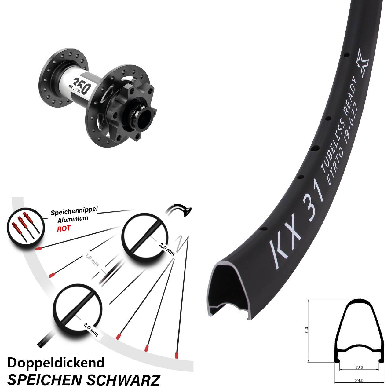 Laufrad 28 Zoll KX 31 Disc DT Swiss 350 12x100 6-Loch