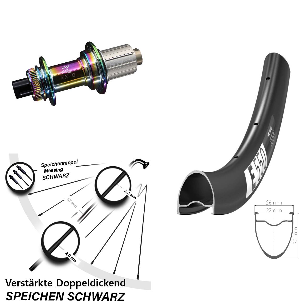 28 Zoll DT Swiss E550 KX-G Oilslick Hinterrad Centerlock 12x142 8-12 fach