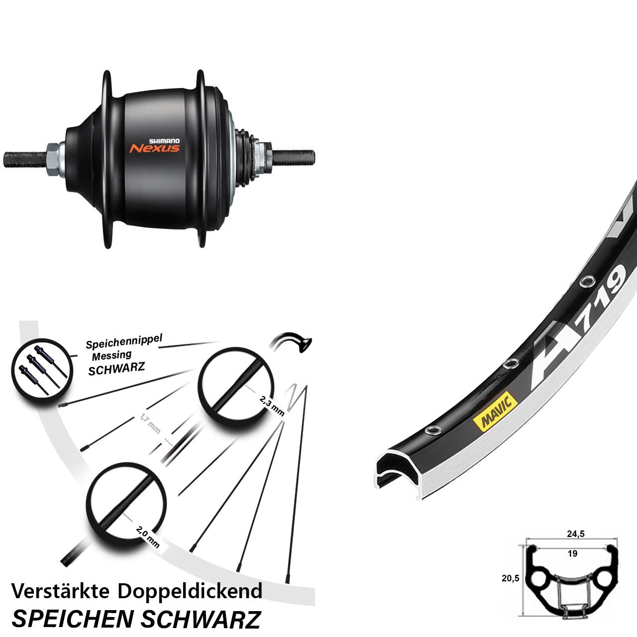 Hinterrad 28 Zoll Shimano Nexus 8-Gang Mavic A719 schwarz Freilauf