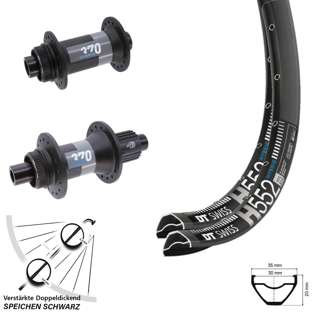 DT Swiss H552-370 Hybrid 27,5 Zoll Disc Laufrad-Satz 15x110 12x148 Shimano Micro Spline