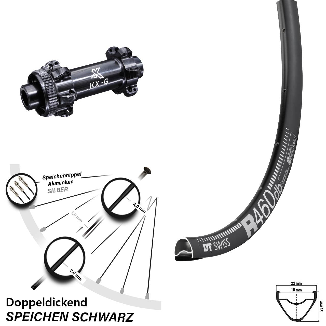 schwarzes 28 Zoll Vorderrad DT Swiss R 460 Disc KX-G 12x100 mm Straightpull