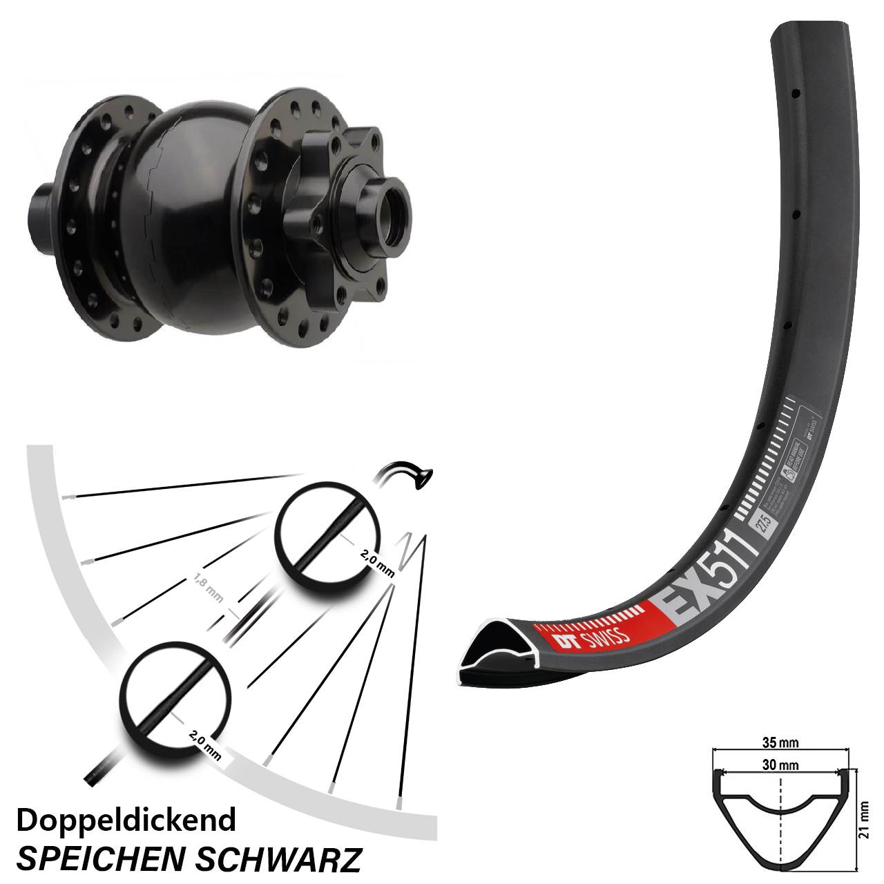 DT Swiss EX-511 Boost Vorderrad 29 Zoll Son 28-15 6-Loch Nabendynamo