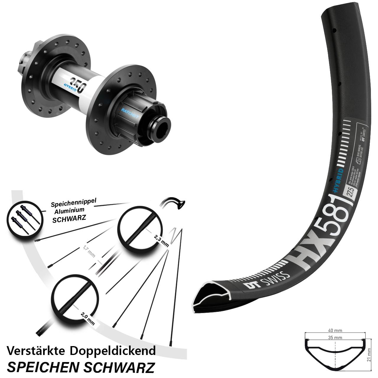 27,5 Zoll Hinterrad DT Swiss HX581-350 Hybrid Singlespeed 6-Loch 12x142 Pinion