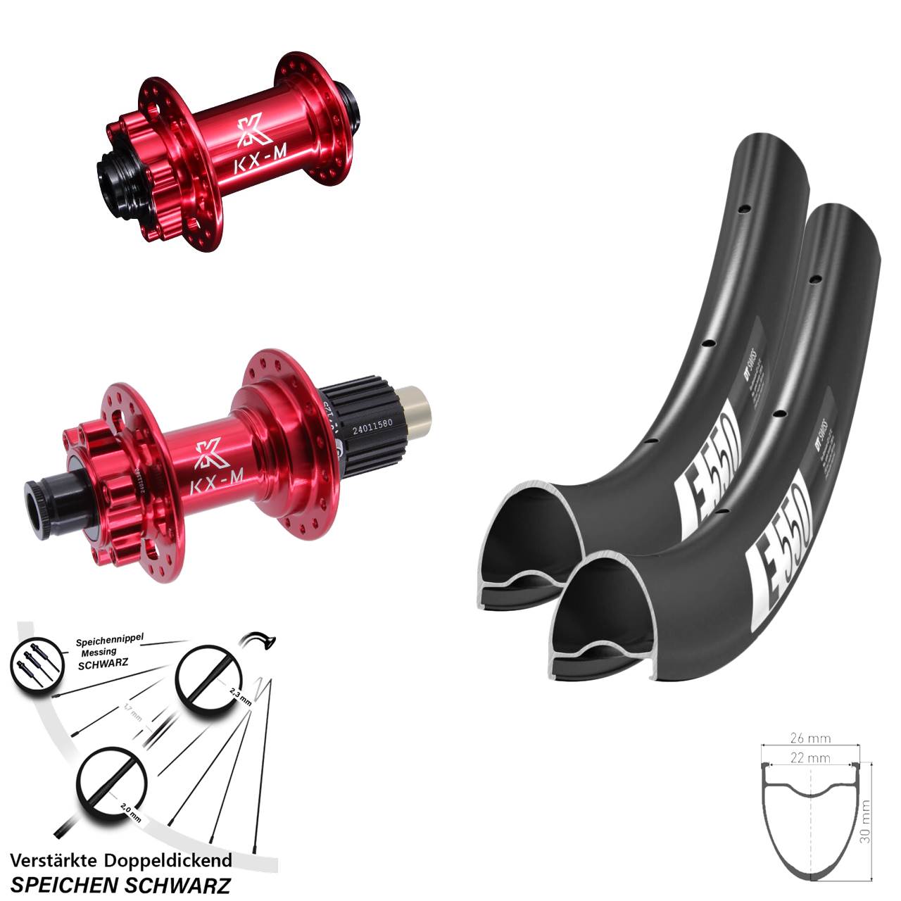 Disc Laufrad-Satz 28 Zoll DT Swiss E550 KX-M rot Shimano Micro Spline 12x100/142