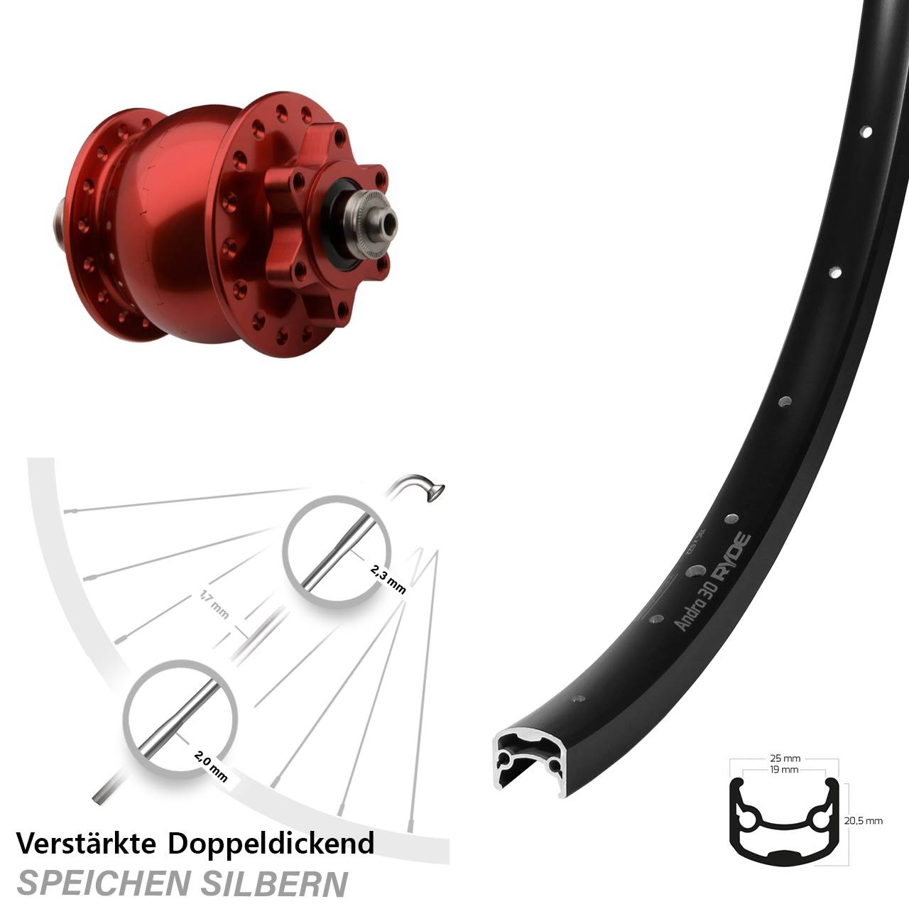 SON 28 rot Ryde Andra 30 Zoll Vorderrad mit Nabendynamo 6-Loch QR