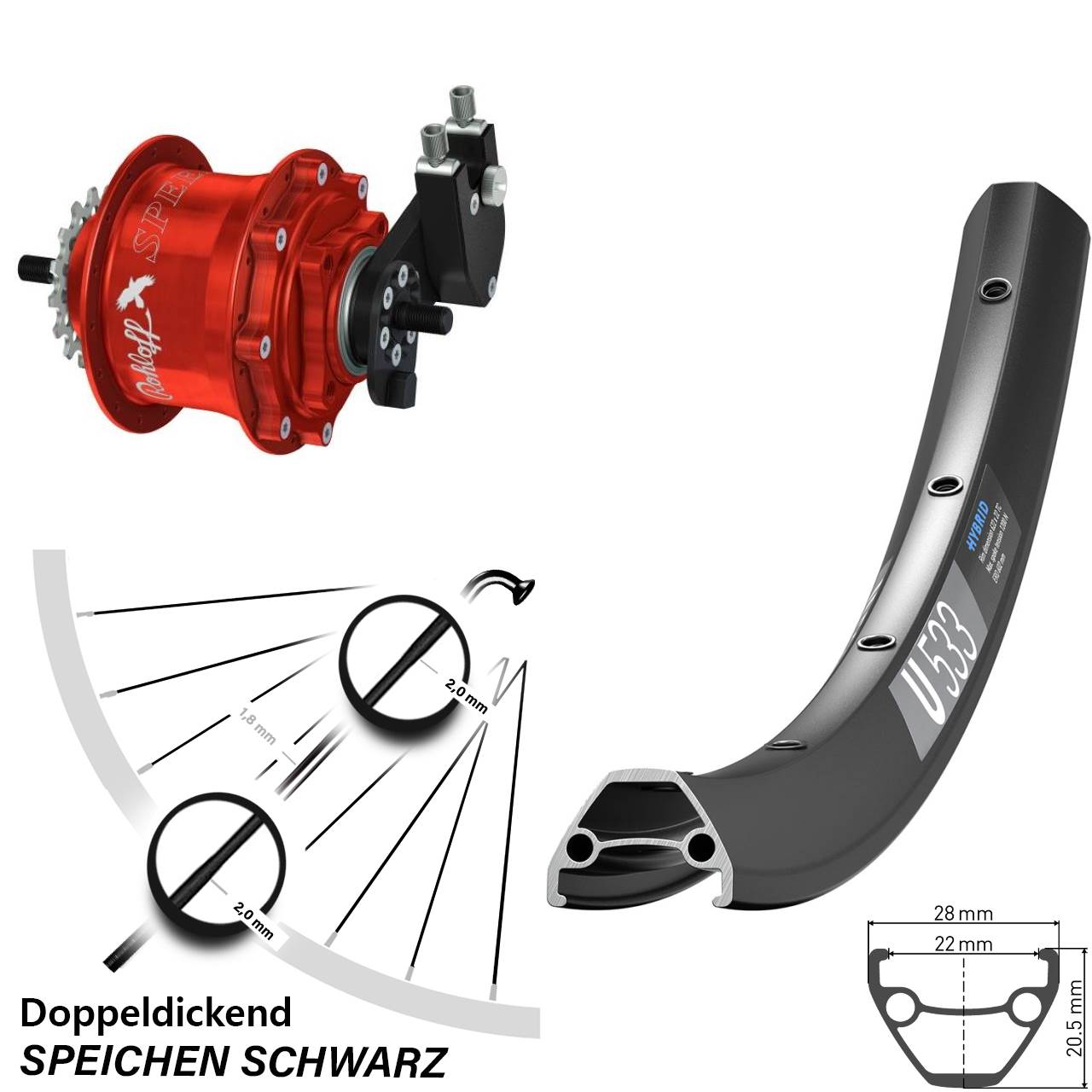 Disc Hinterrrad 26 Zoll DT Swiss U533 Rohloff Speedhub 500/14 TS DB OEM rot