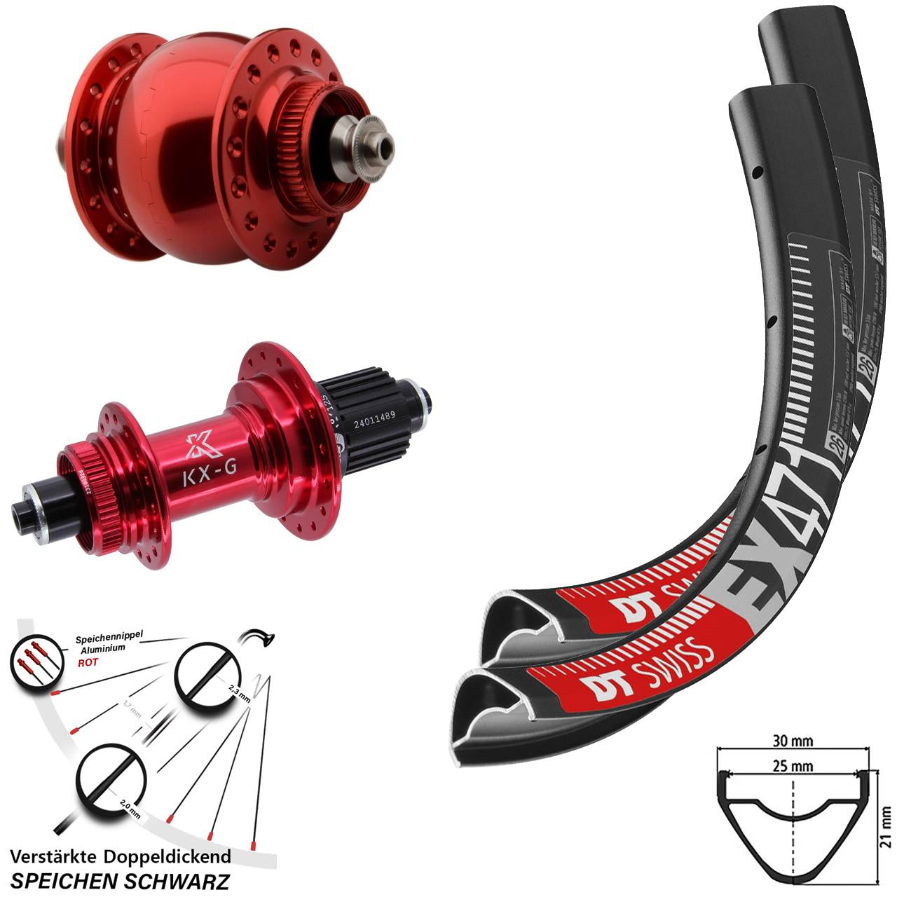 27,5 Zoll DT Swiss EX471 KX-G rot SONdelux Disc Laufrad-Satz QR Micro Spline