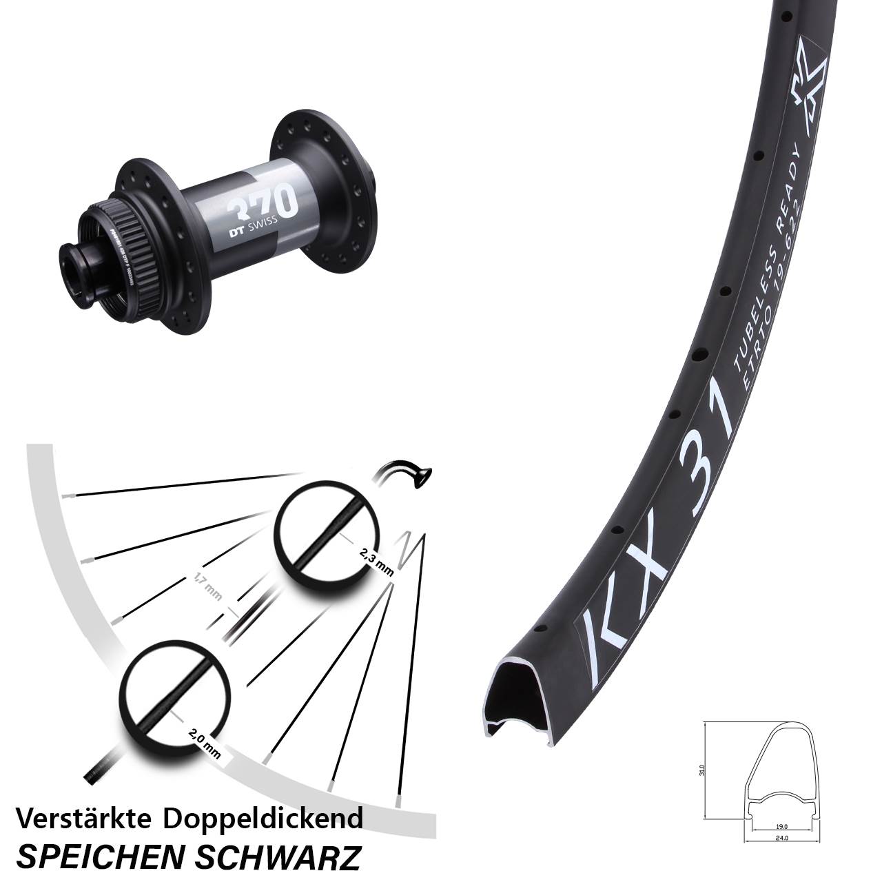 28 Zoll KX31 OS DT Swiss 370 Centerlock Vorderrad 12x100